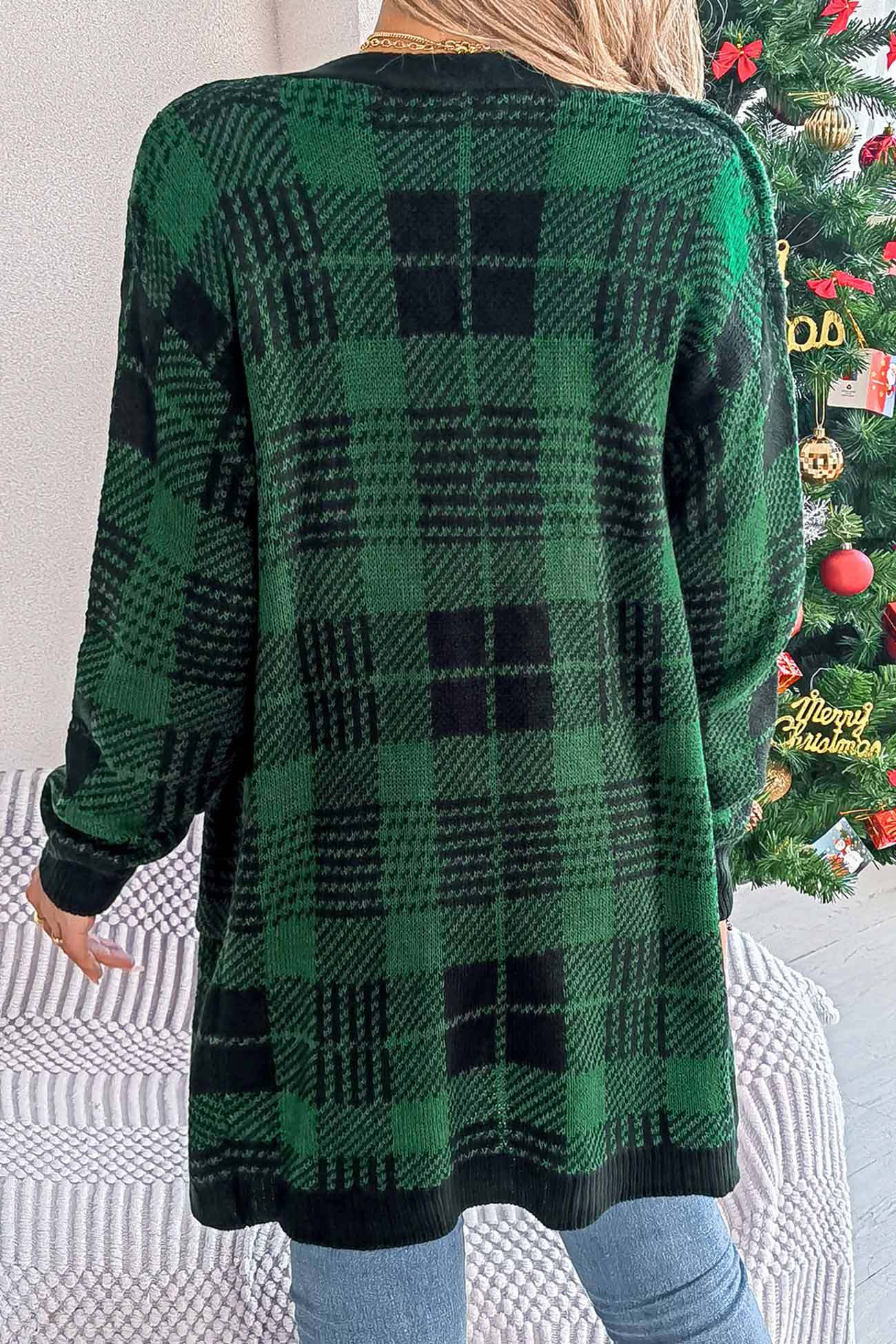 Contrast Plaid Open Front Cardigan