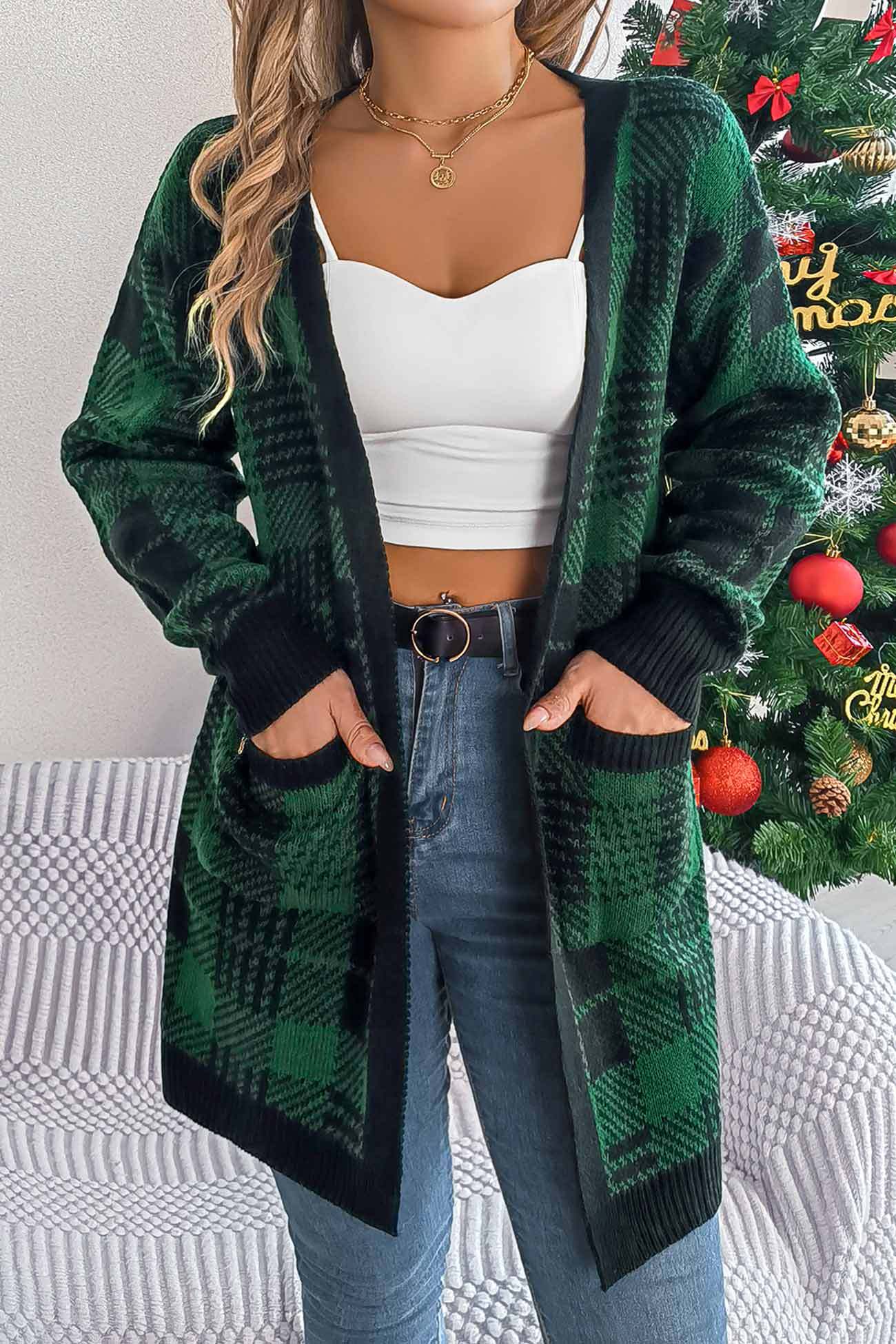 Contrast Plaid Open Front Cardigan