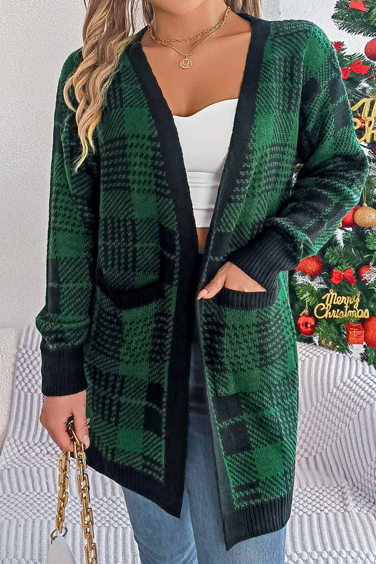 Contrast Plaid Open Front Cardigan
