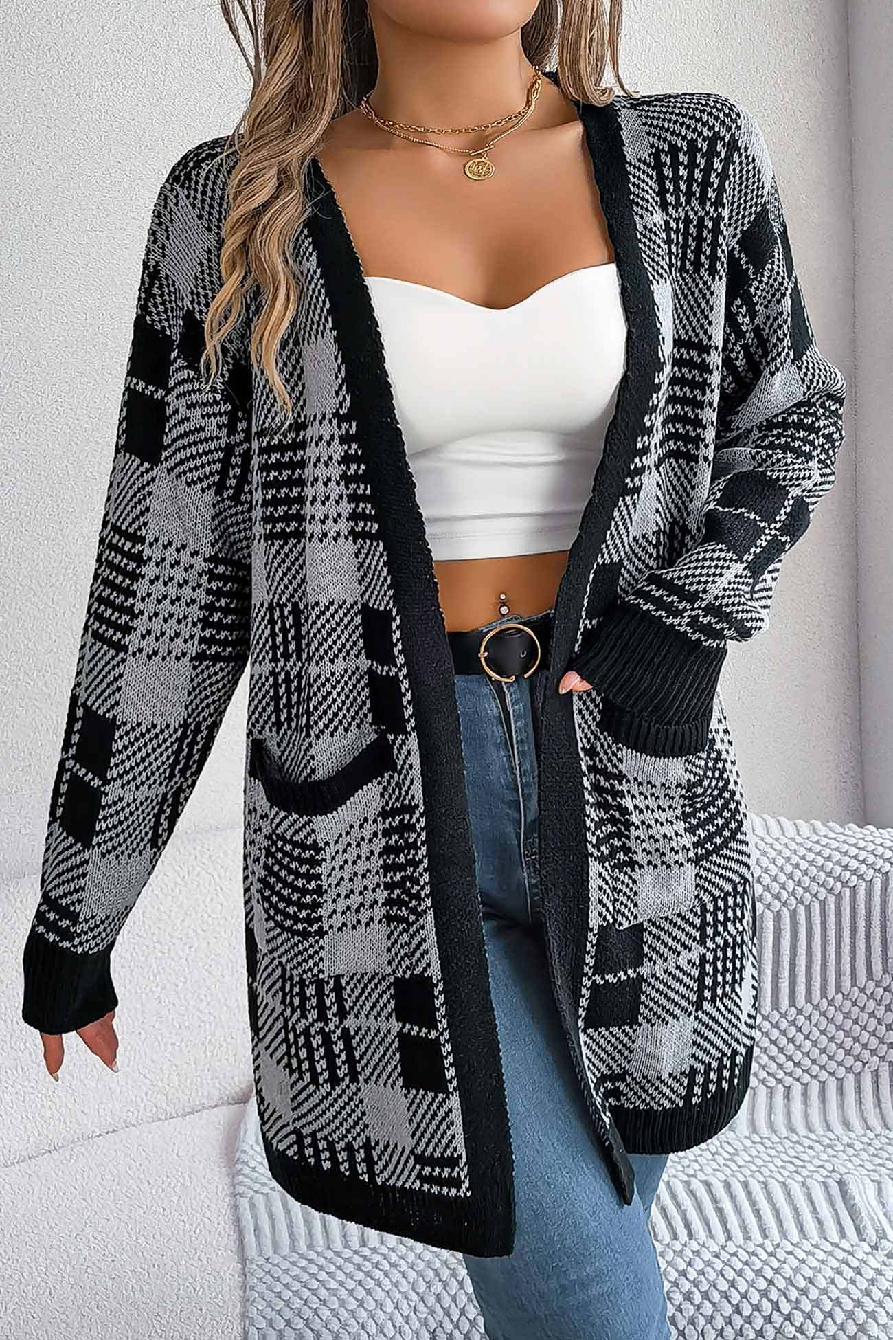 Contrast Plaid Open Front Cardigan