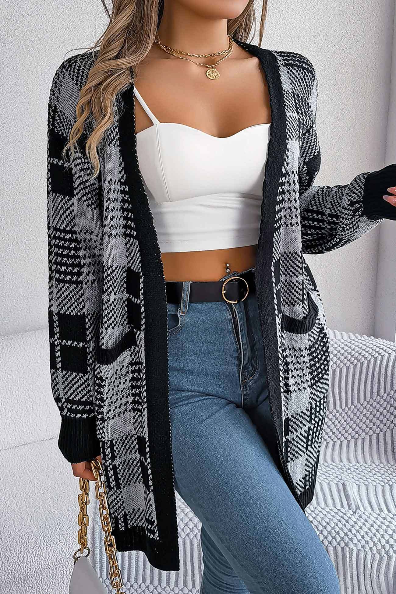 Contrast Plaid Open Front Cardigan