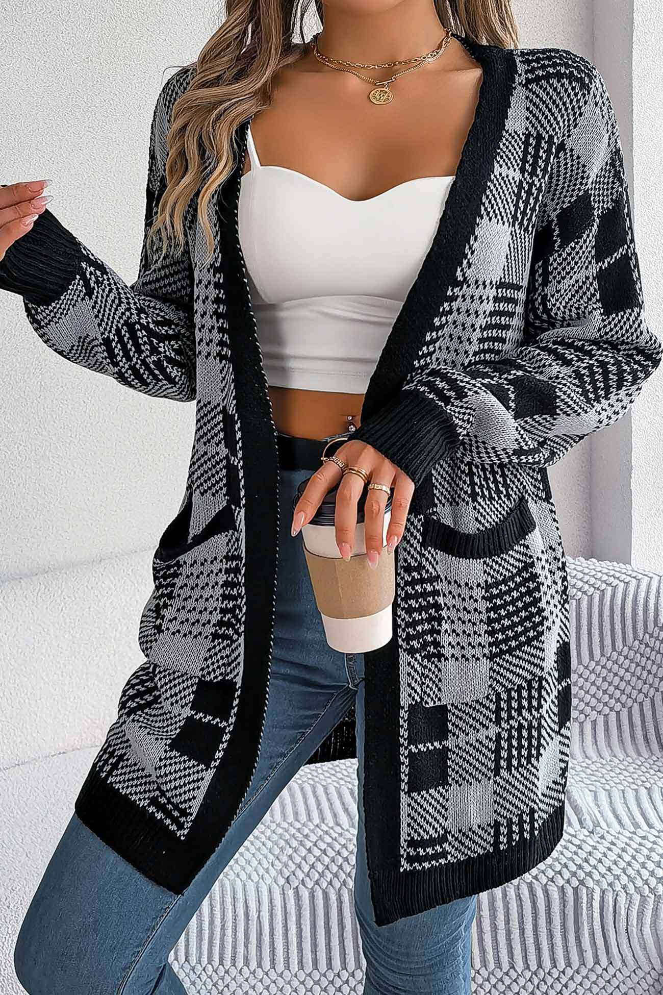 Contrast Plaid Open Front Cardigan