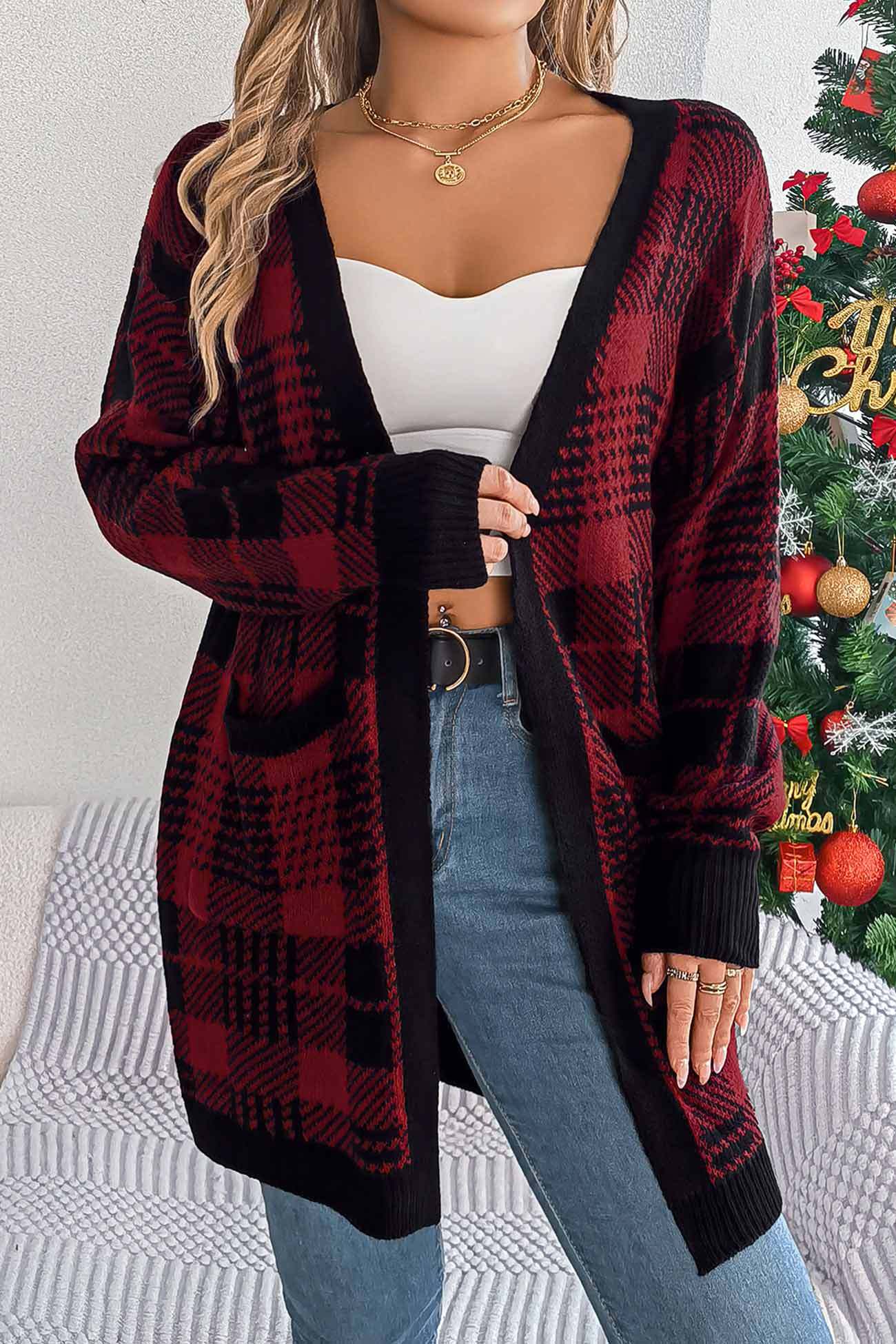 Contrast Plaid Open Front Cardigan