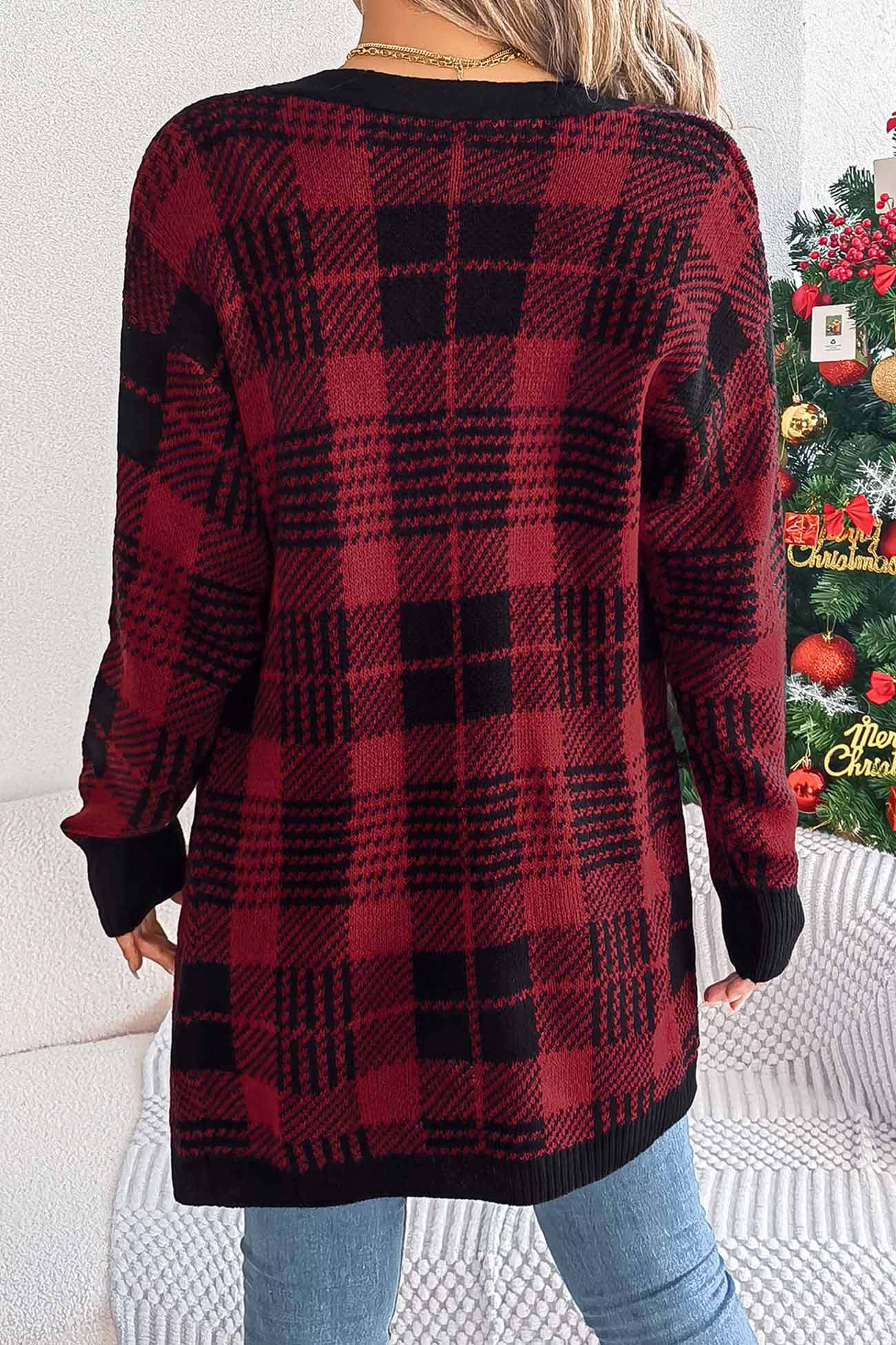 Contrast Plaid Open Front Cardigan