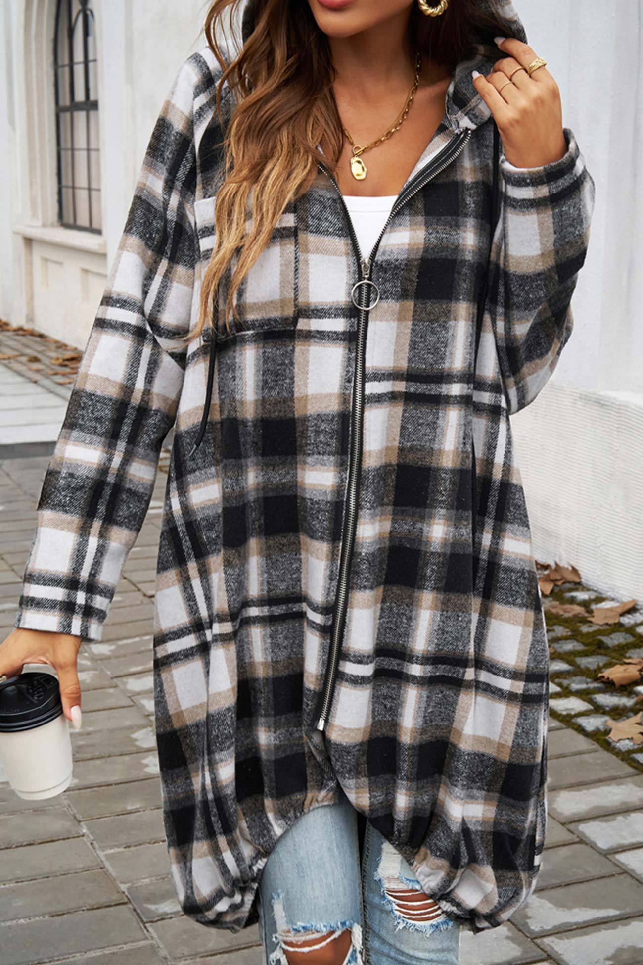 Contrast Plaid Zip-up Mid-length Hoodie