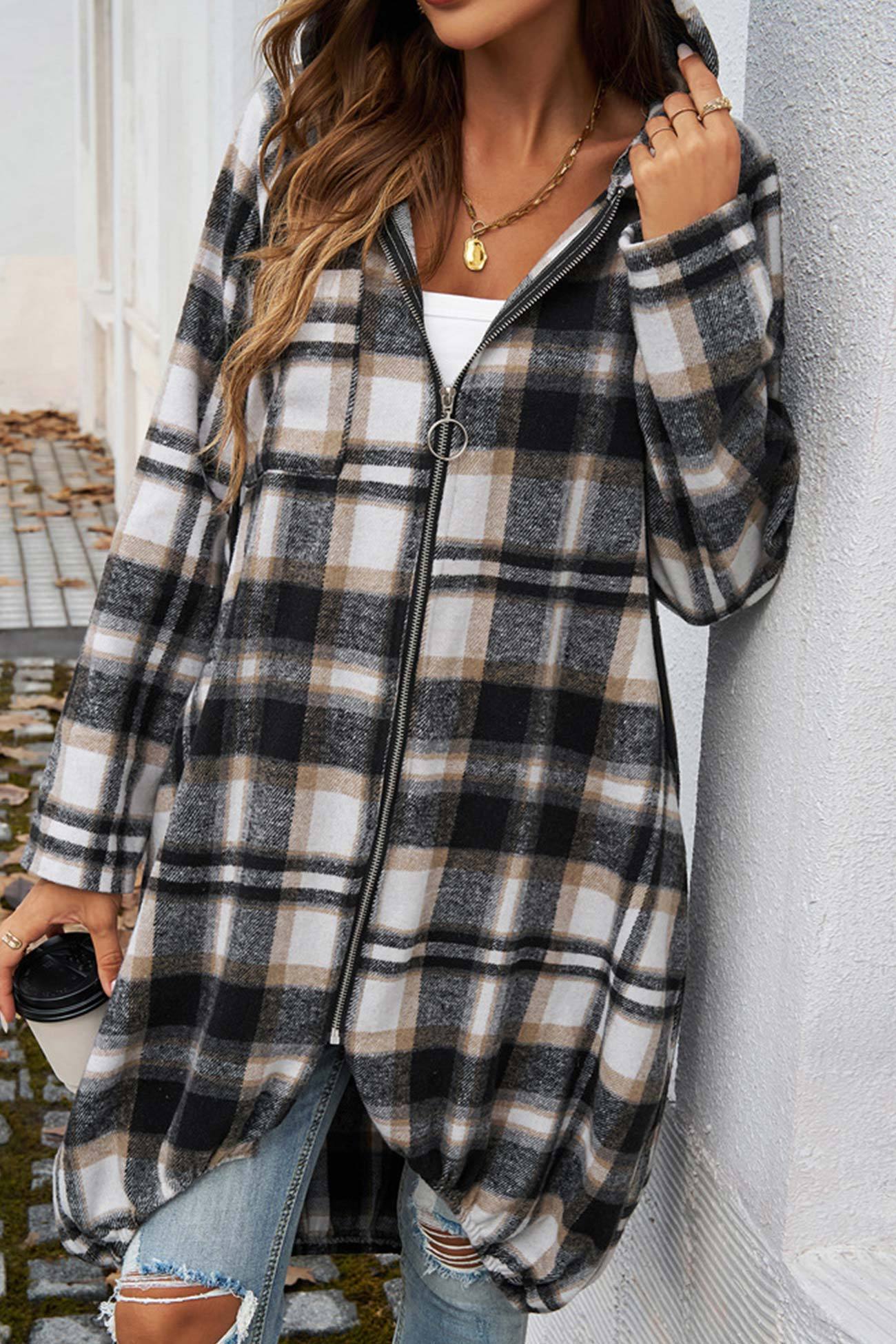 Contrast Plaid Zip-up Mid-length Hoodie