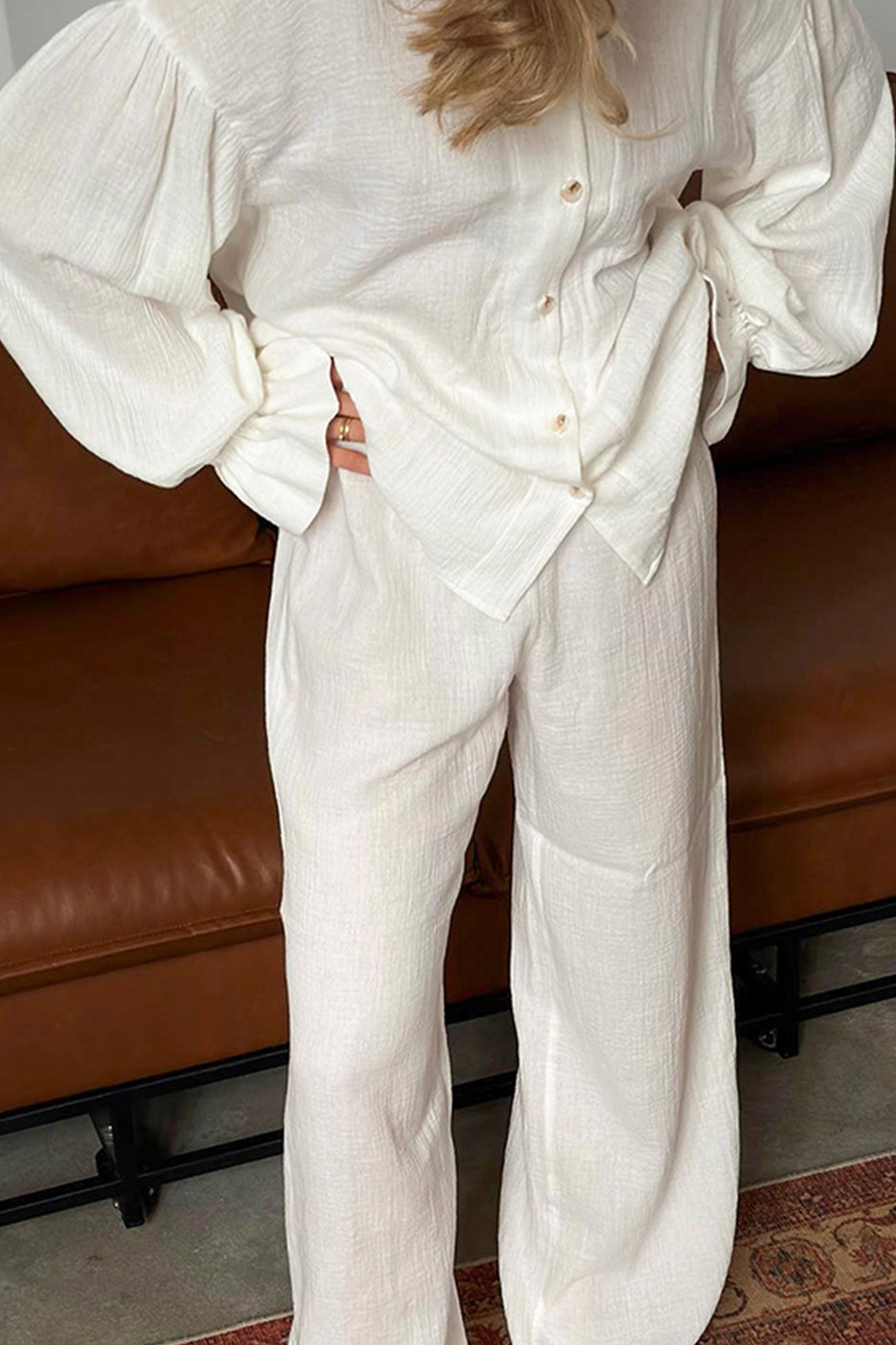 Cotton Flare Sleeve Cardigan Long Pants Set