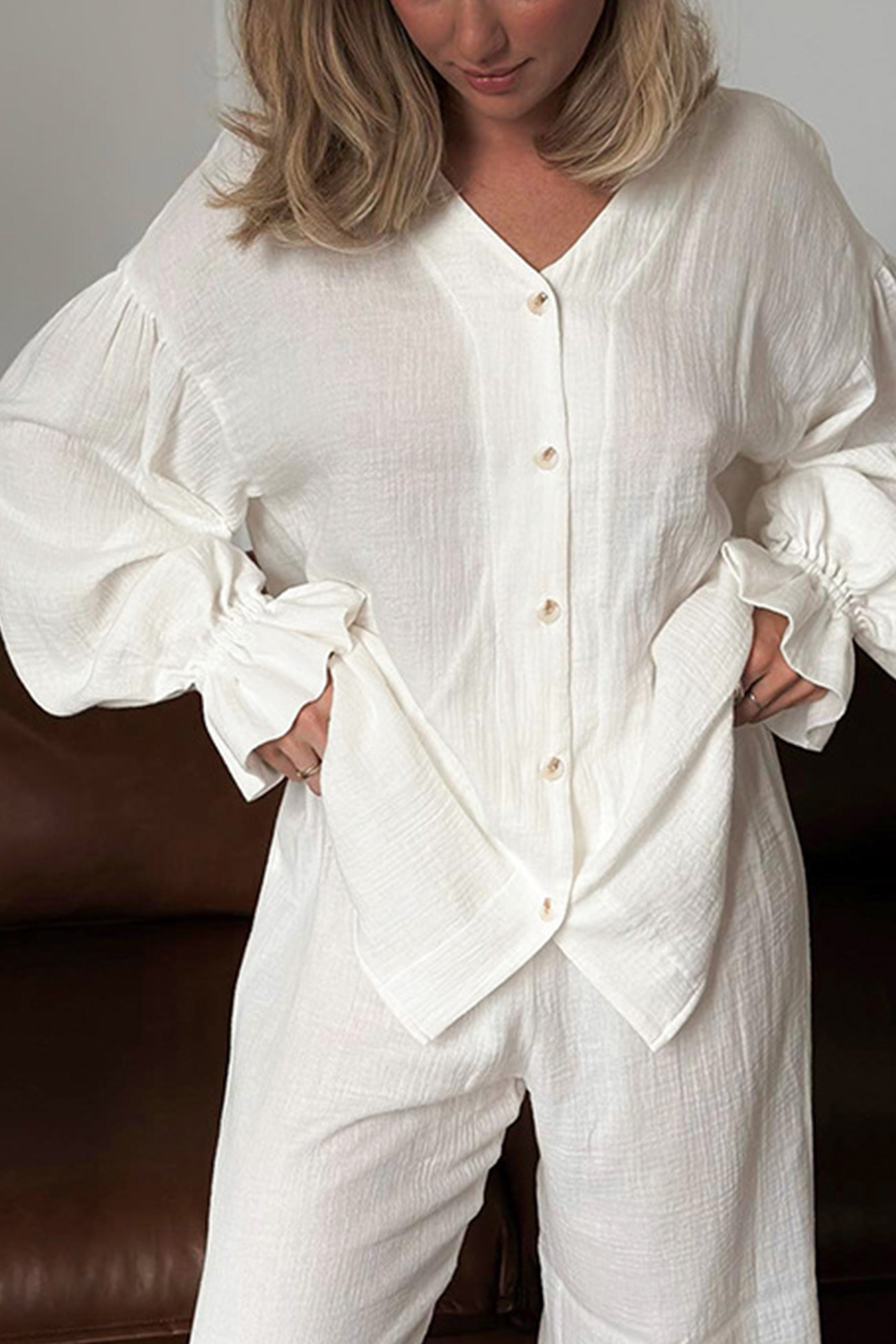 Cotton Flare Sleeve Cardigan Long Pants Set