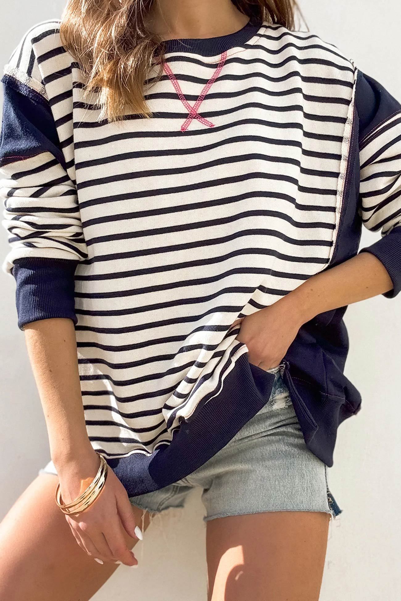 Crew Neck Striped Patchwork Sweatshirt