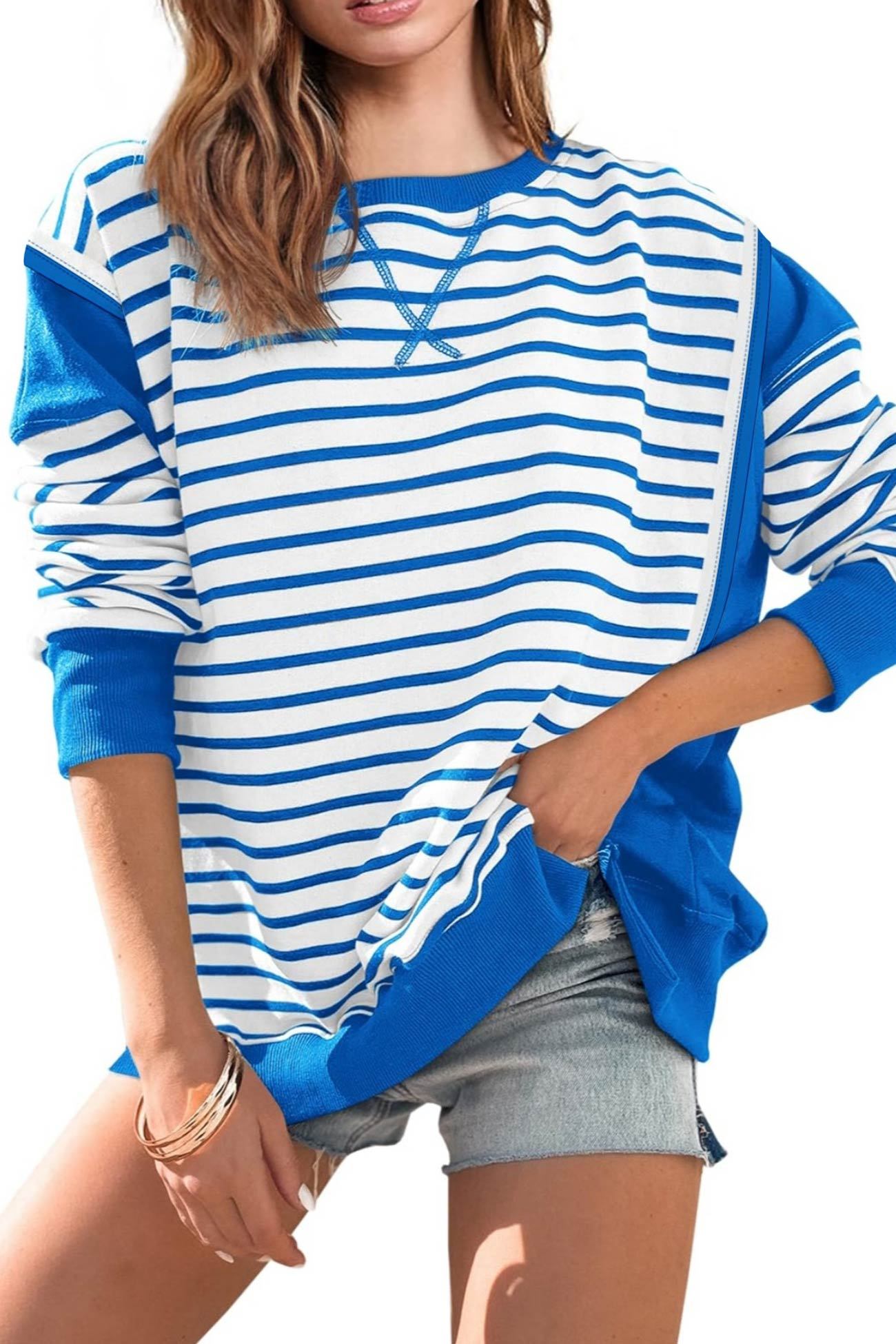 Crew Neck Striped Patchwork Sweatshirt
