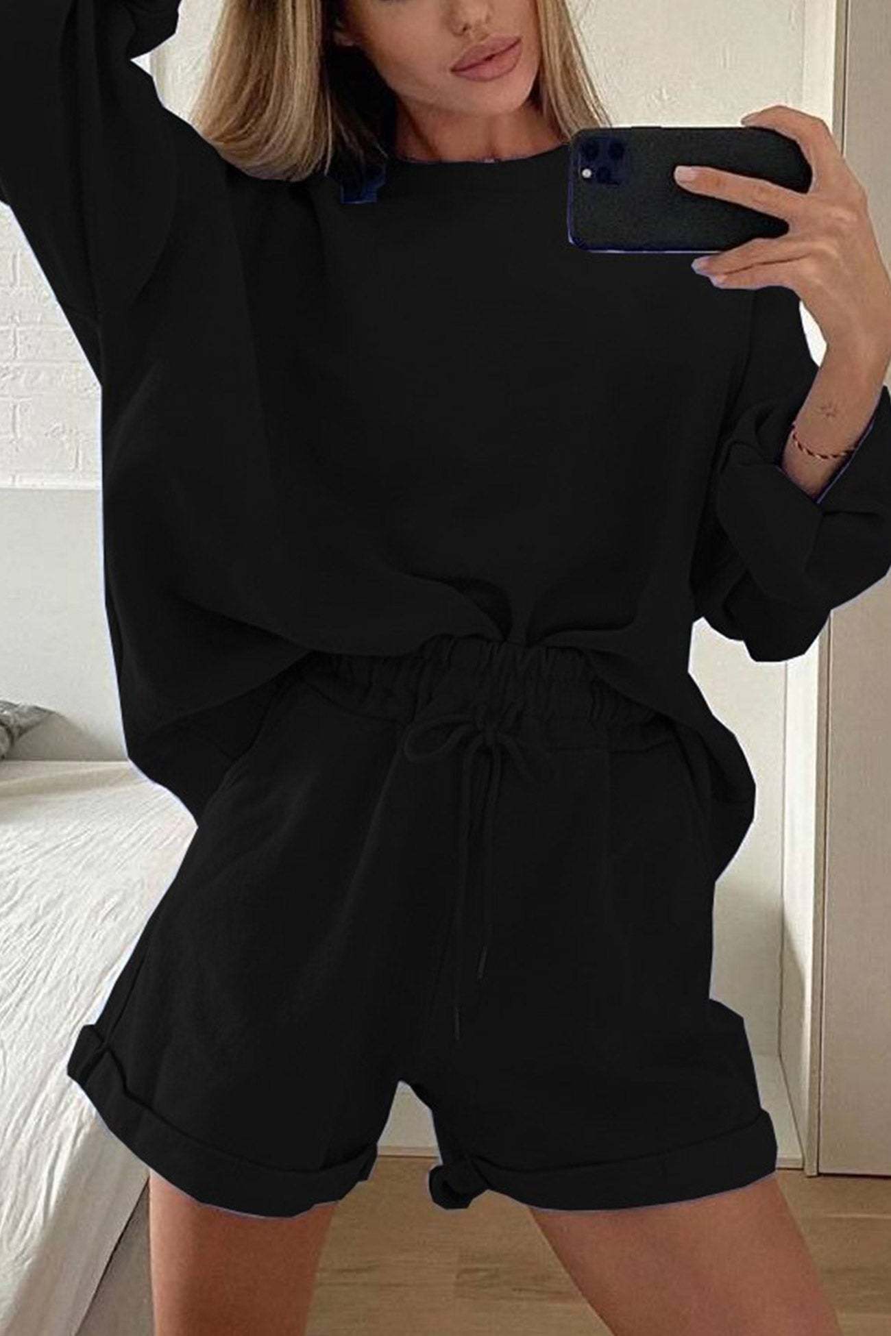 Crew Neck Sweatshirt Shorts Set