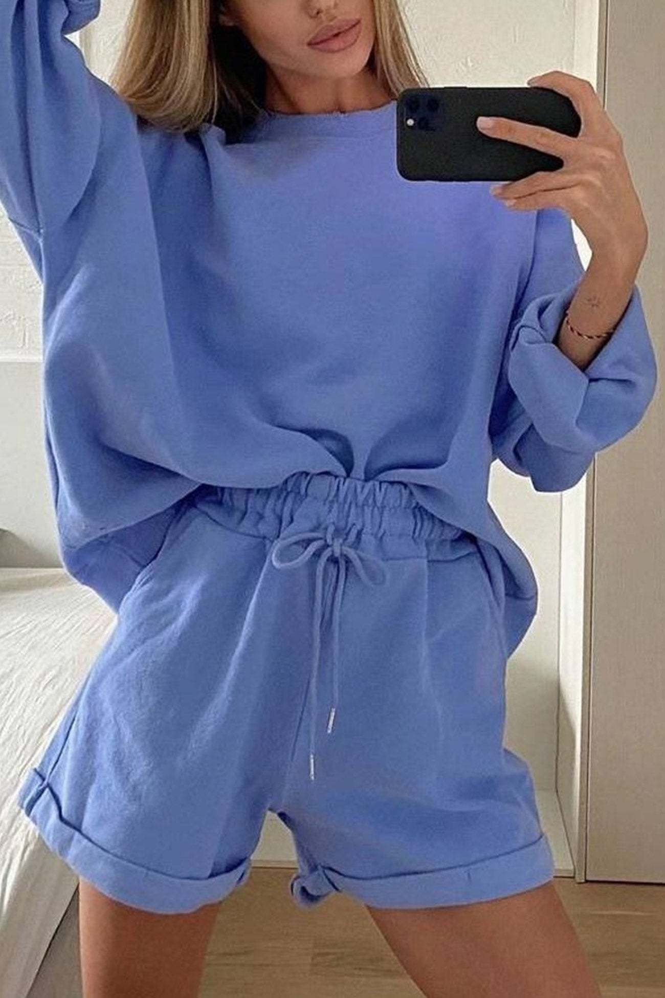 Crew Neck Sweatshirt Shorts Set