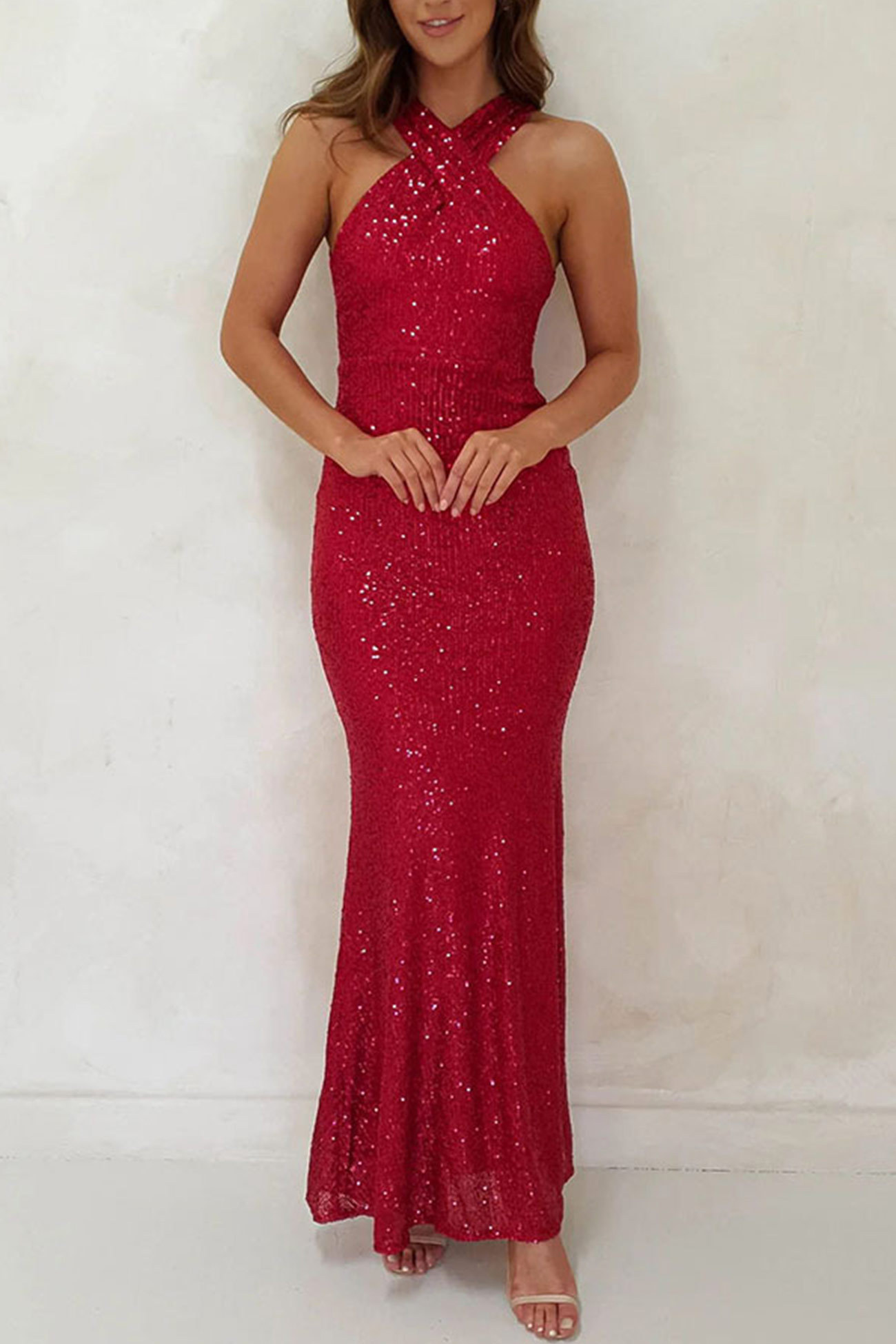 Criss-cross Halter Neck Sequin Fishtail Dress