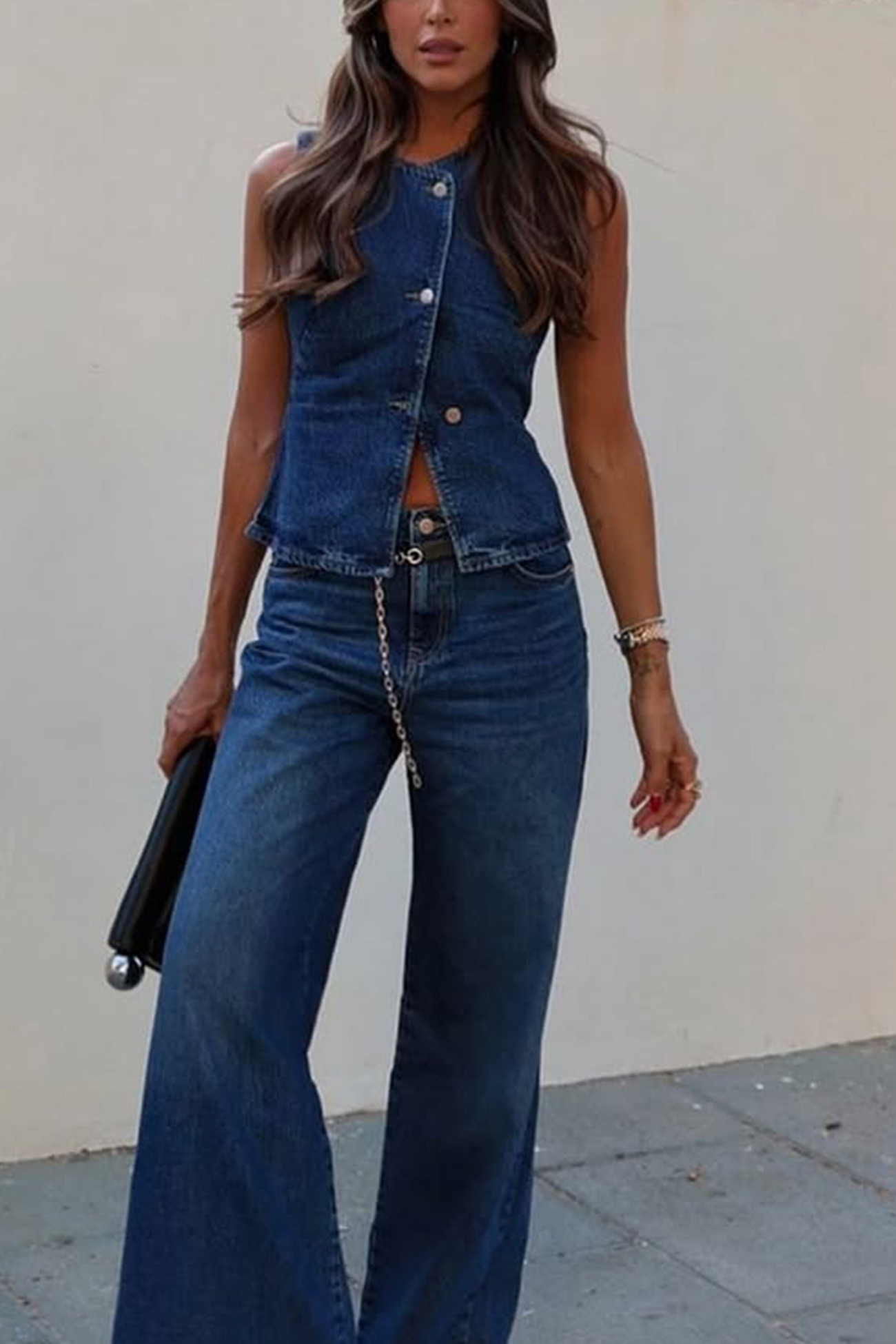 Denim Tank Top Wide Leg Jeans Set