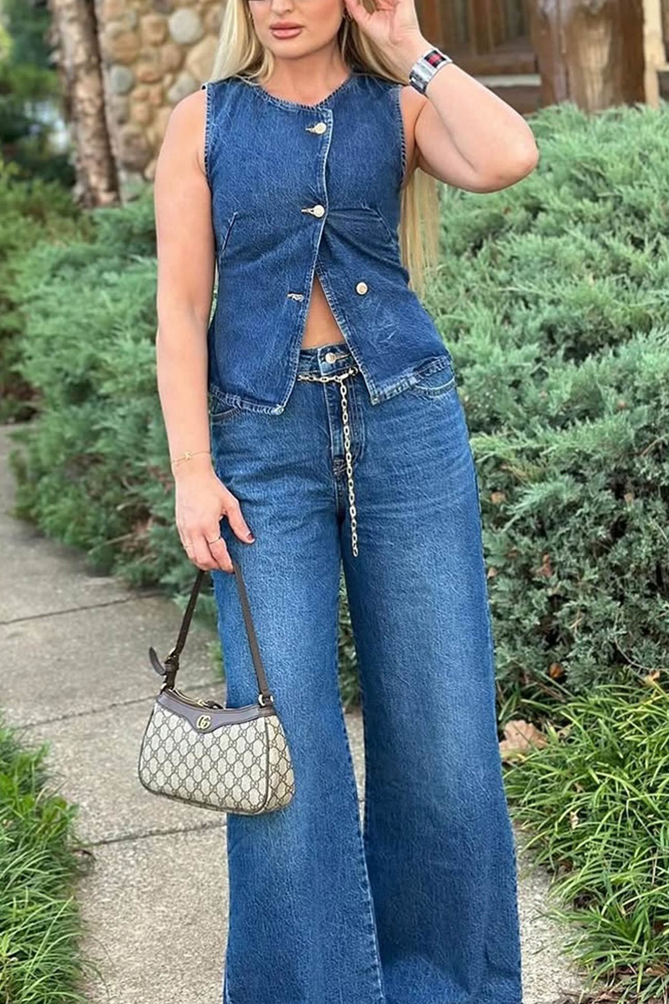 Denim Tank Top Wide Leg Jeans Set