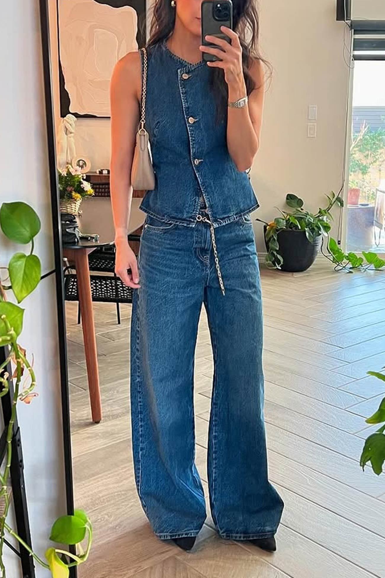 Denim Tank Top Wide Leg Jeans Set
