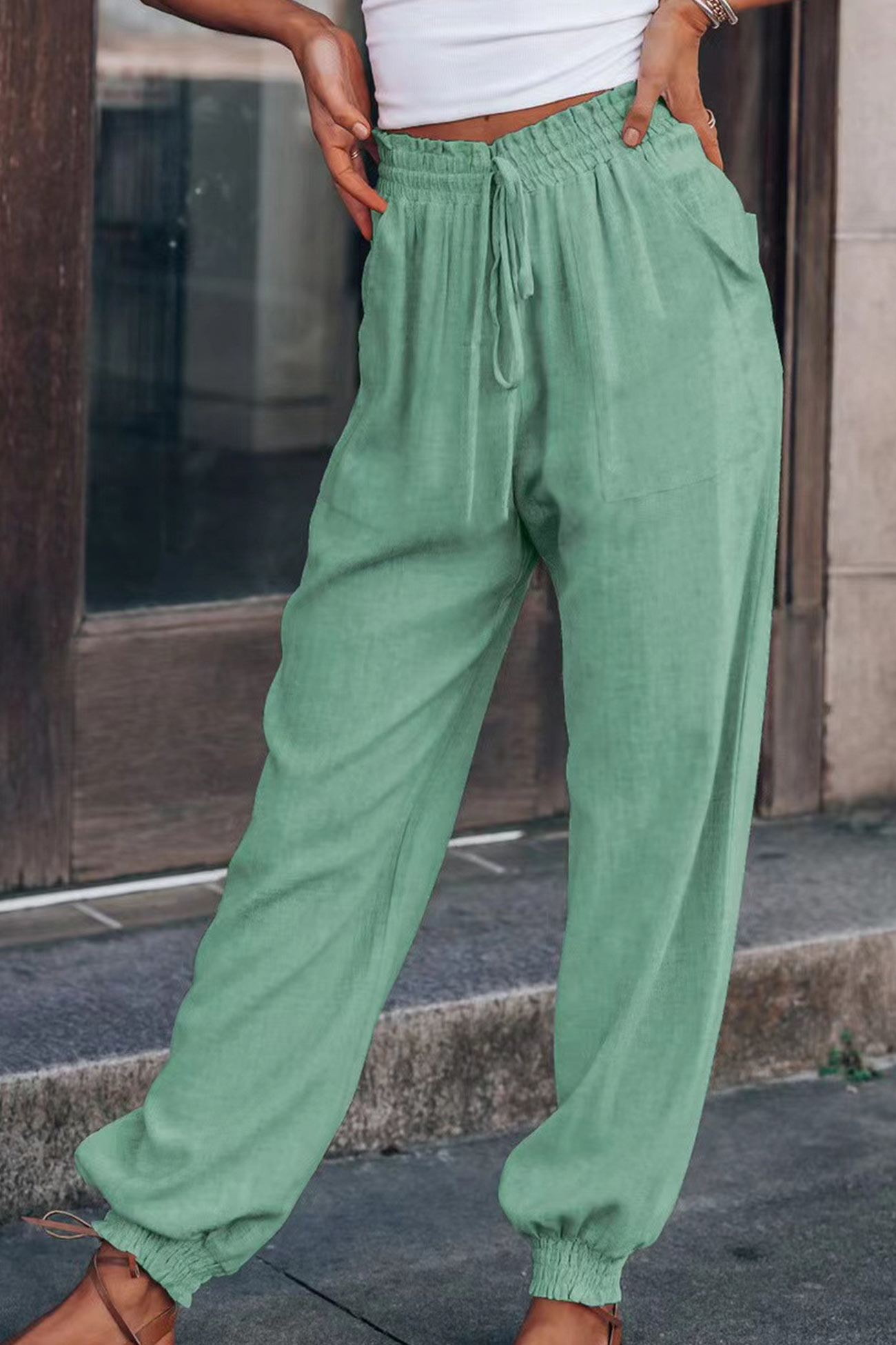 Drawstring Solid Color Loose Long Pants