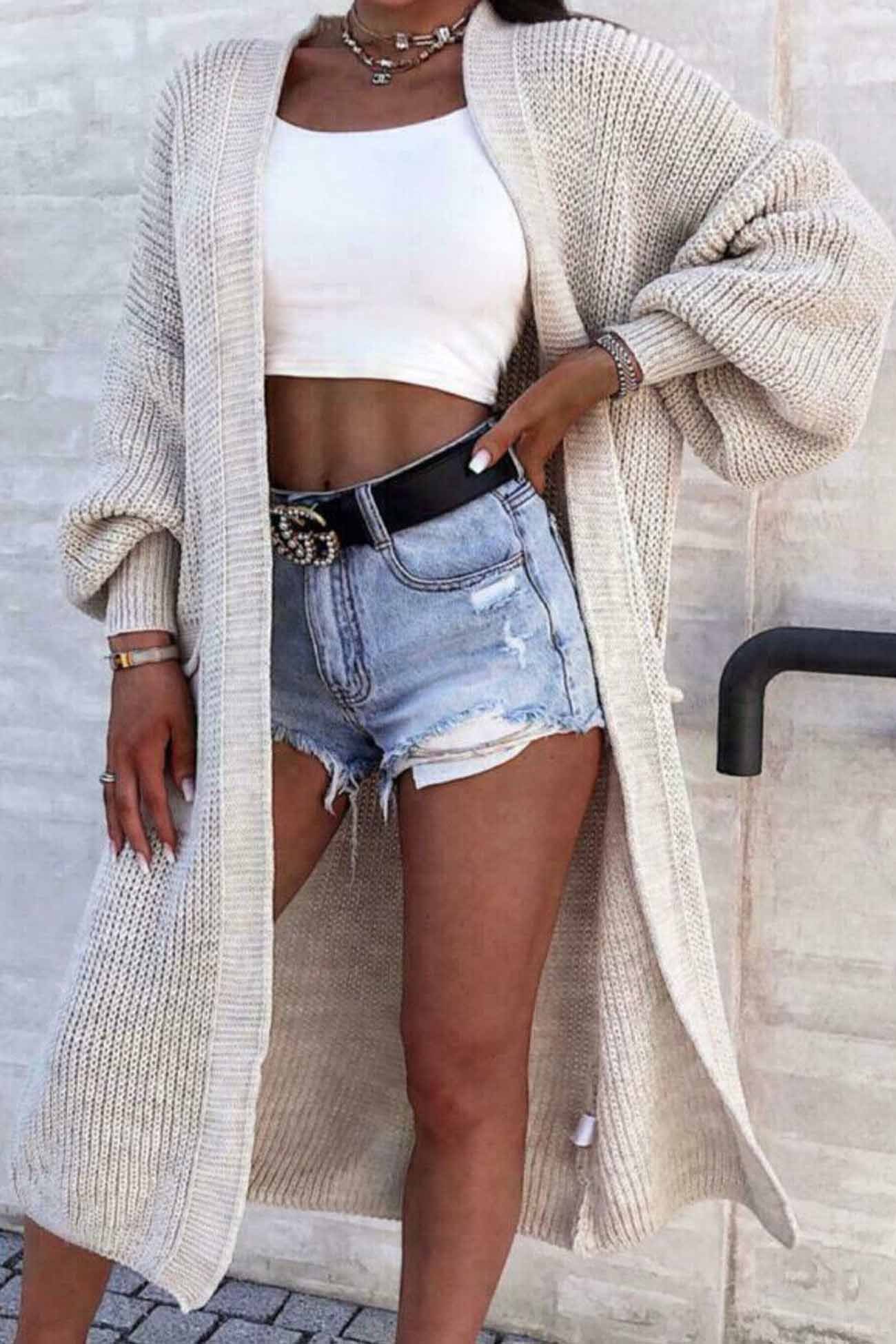Drop Shoulder Lantern Sleeve Pocket Long Cardigan