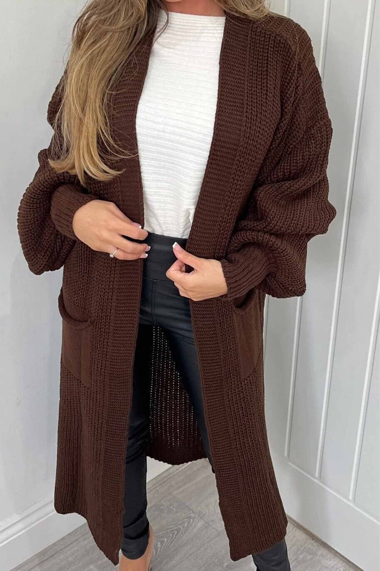 Drop Shoulder Lantern Sleeve Pocket Long Cardigan