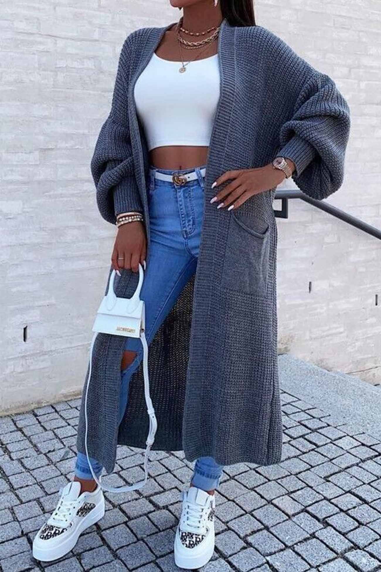 Drop Shoulder Lantern Sleeve Pocket Long Cardigan