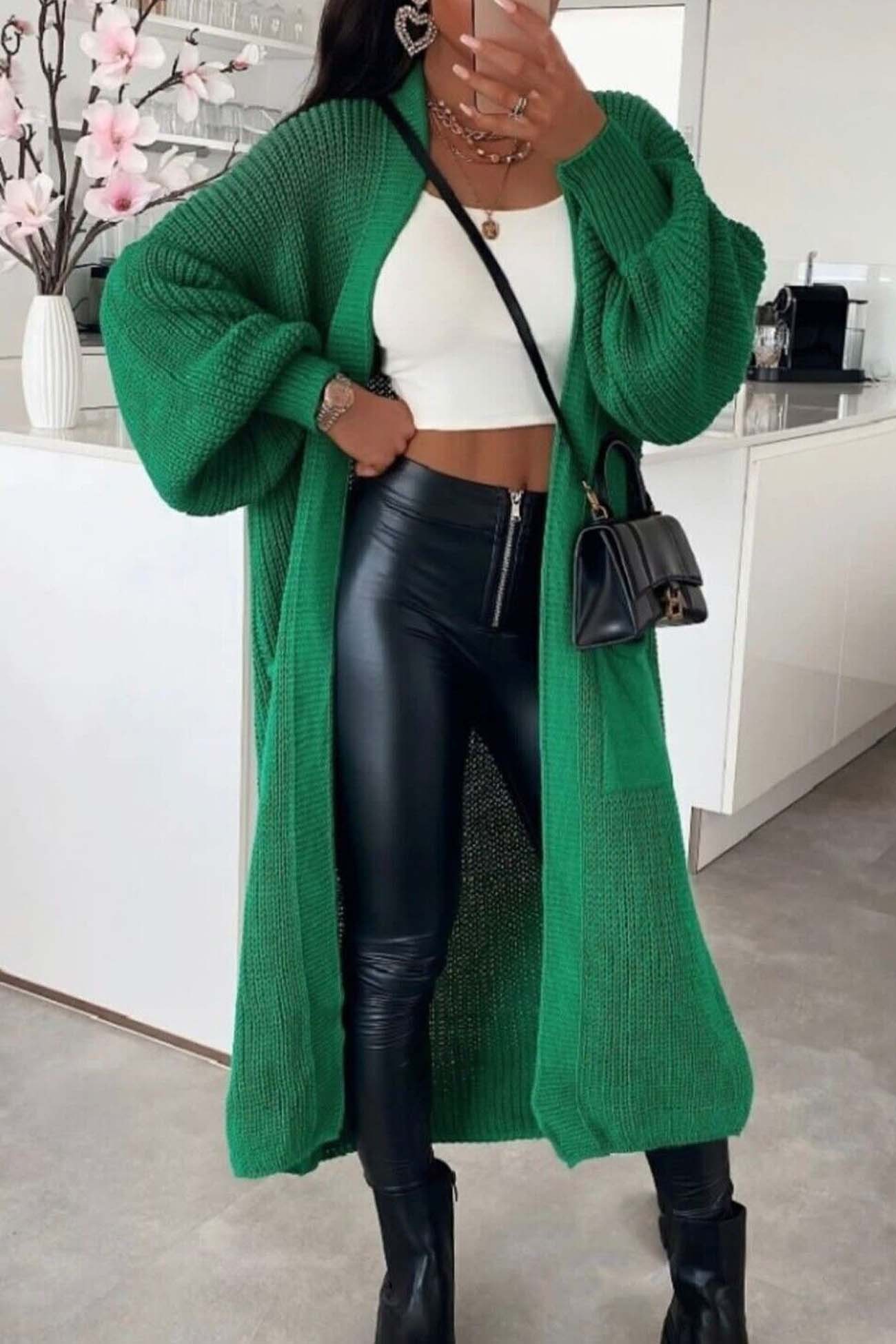 Drop Shoulder Lantern Sleeve Pocket Long Cardigan