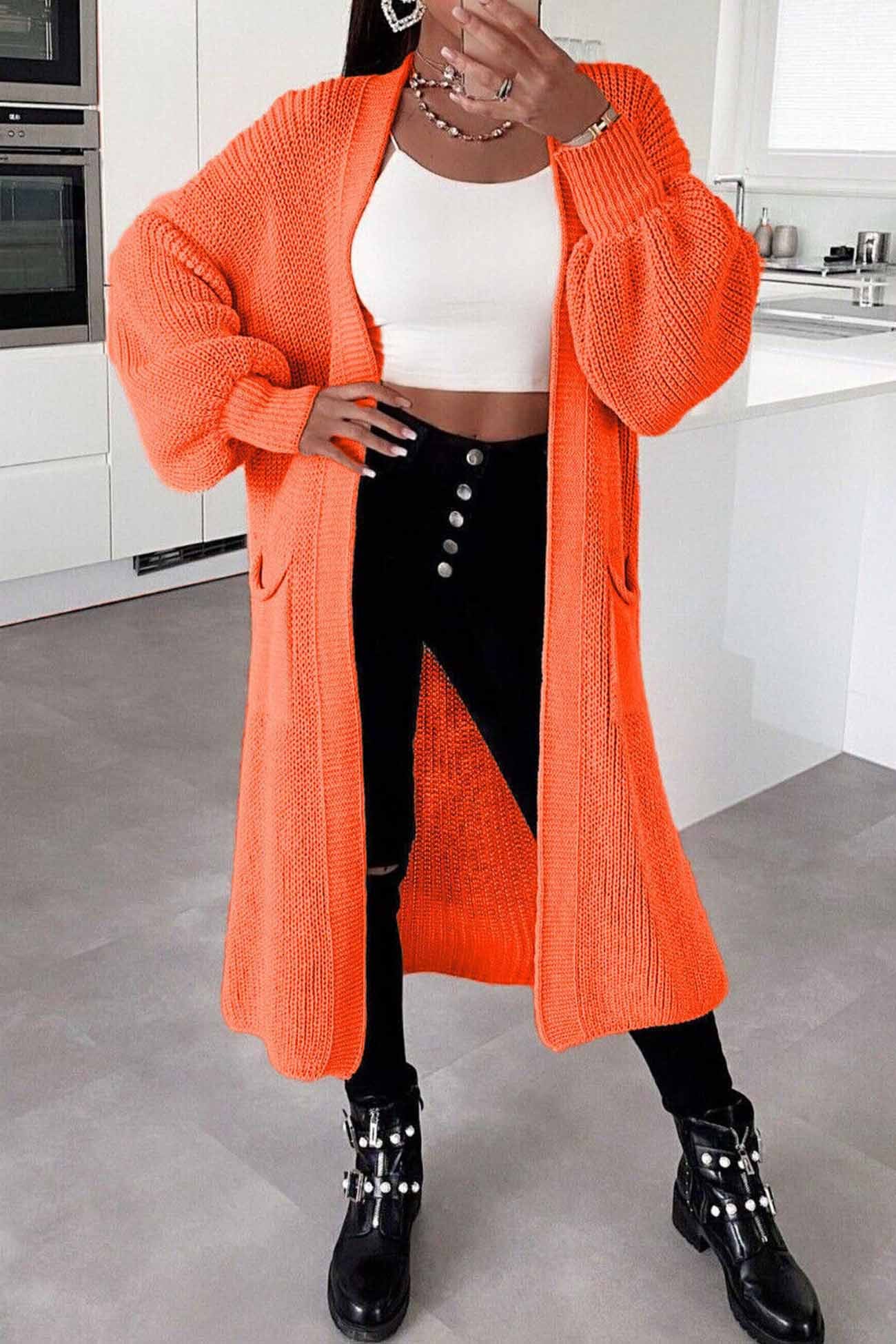 Drop Shoulder Lantern Sleeve Pocket Long Cardigan