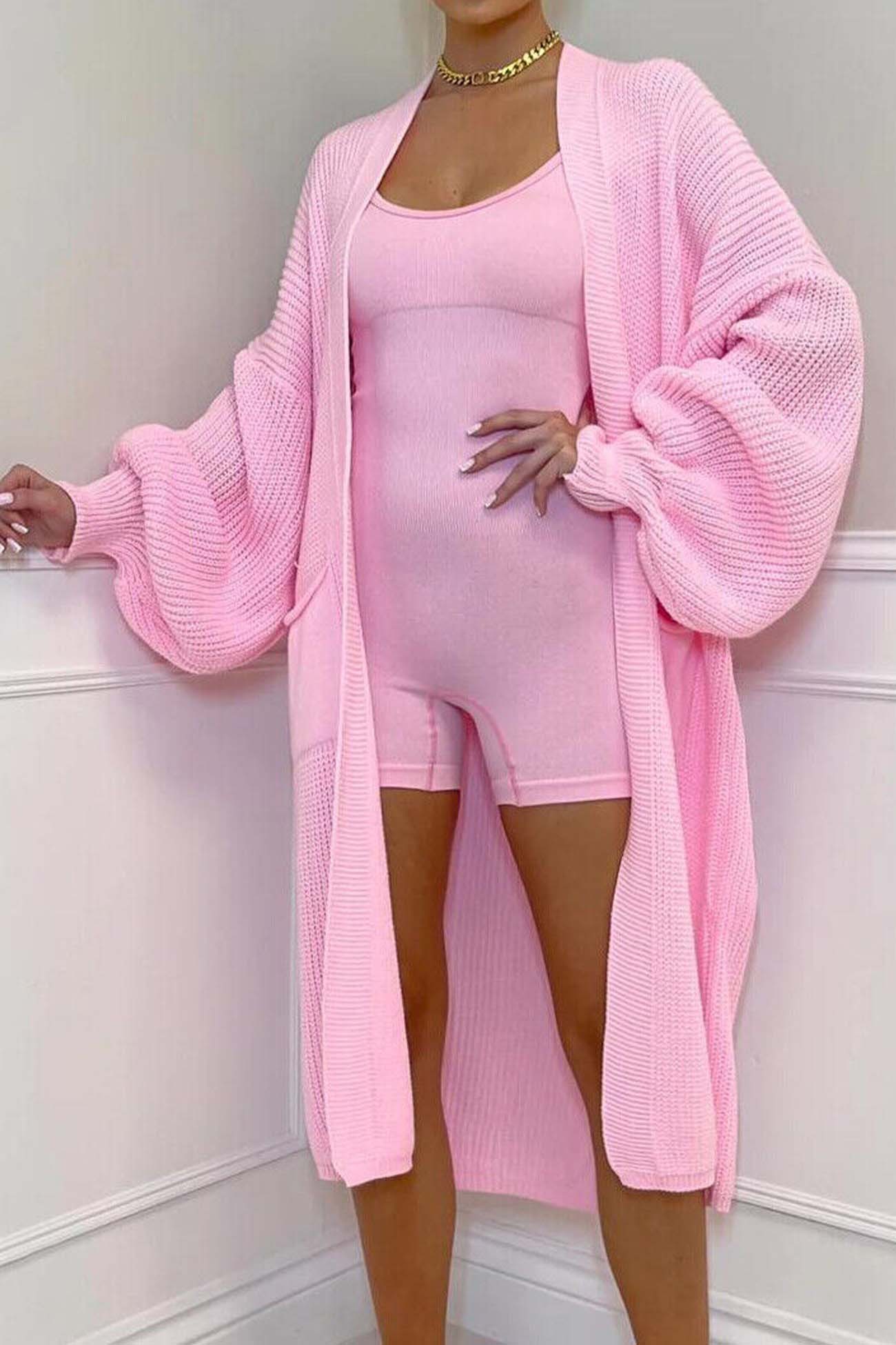 Drop Shoulder Lantern Sleeve Pocket Long Cardigan