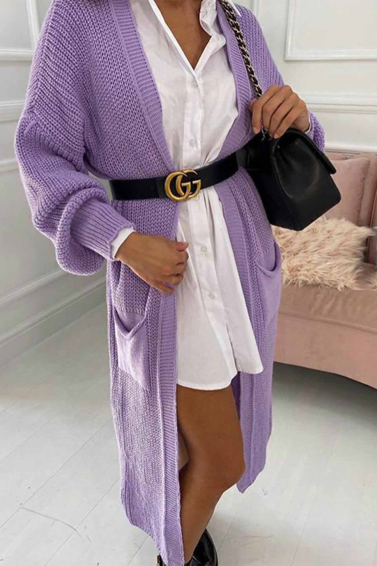 Drop Shoulder Lantern Sleeve Pocket Long Cardigan