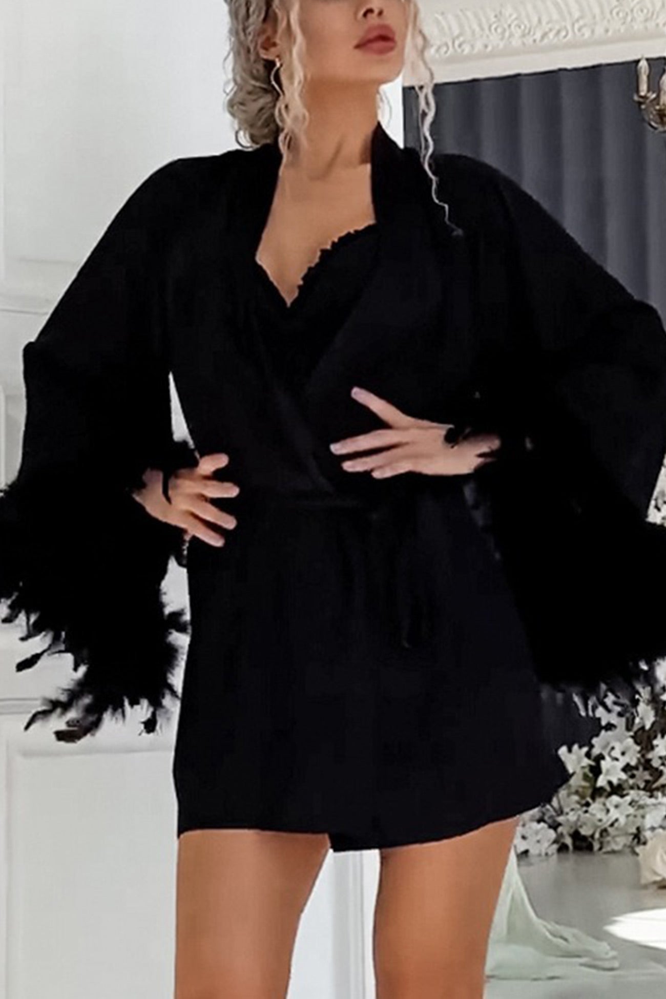 Feather Cuff Cardigan Cami Dress Loungewear Suits