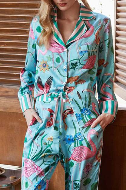 Flamingo Print Long Sleeve Lace Up Pants Loungewear