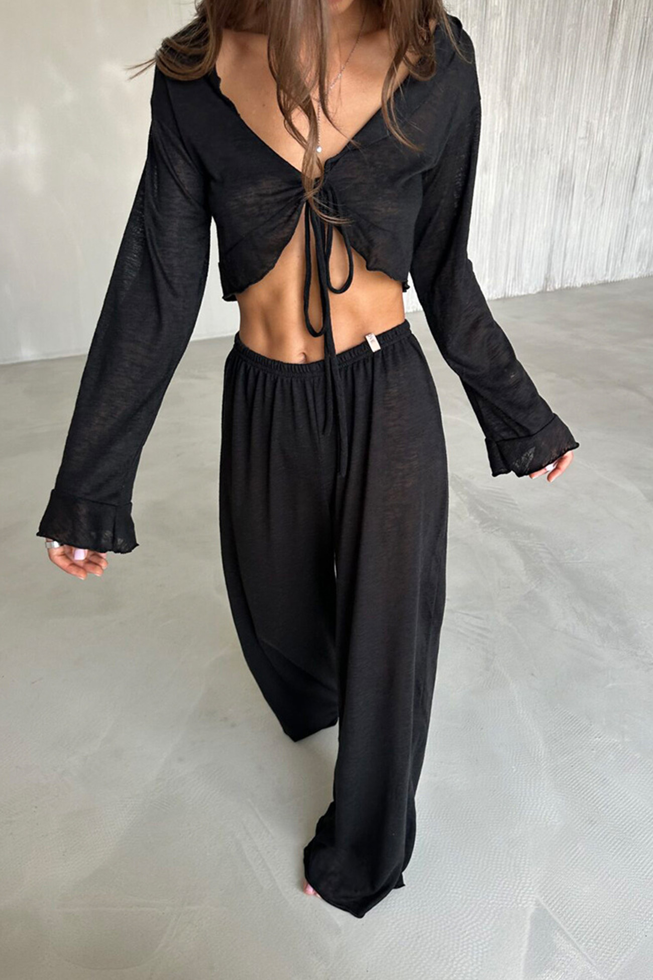Flare Sleeve Crop Top Long Pants Set