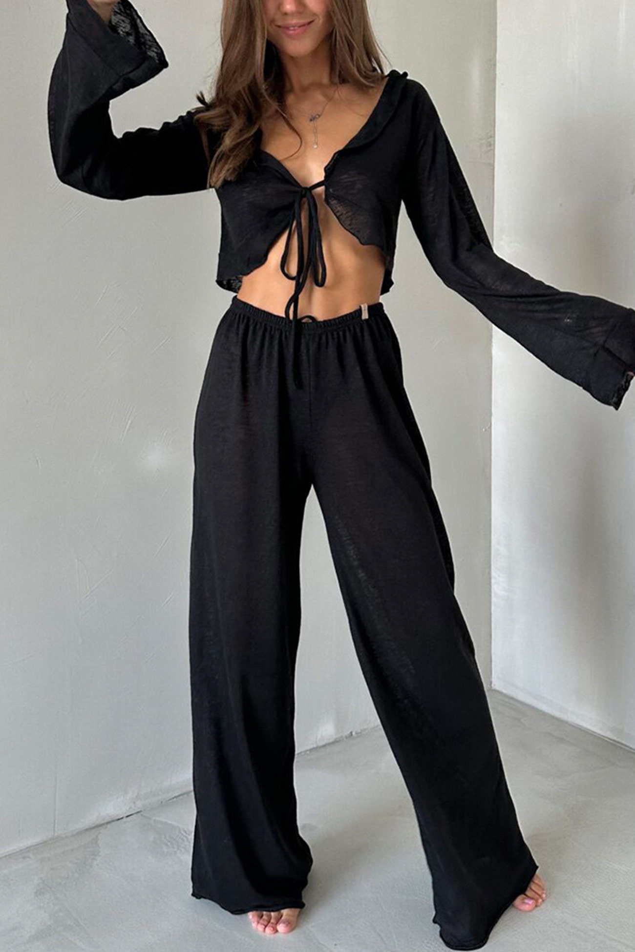 Flare Sleeve Crop Top Long Pants Set