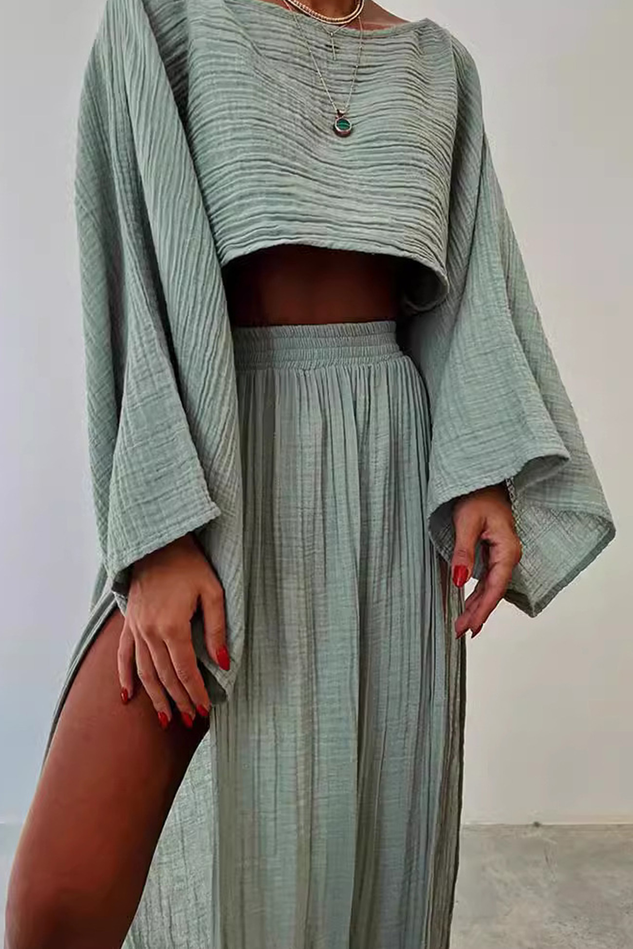 Flare Sleeve Crop Top Slit Skirt Cover-up Set
