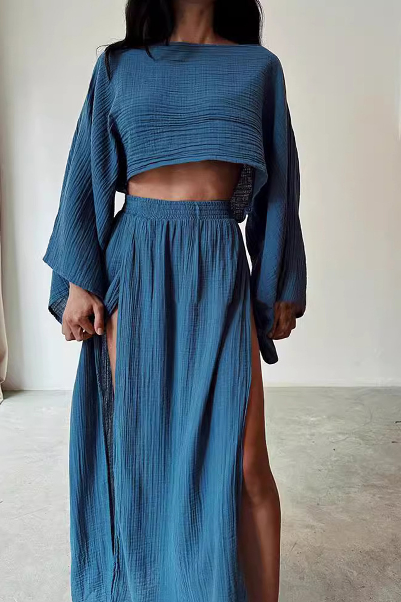 Flare Sleeve Crop Top Slit Skirt Cover-up Set
