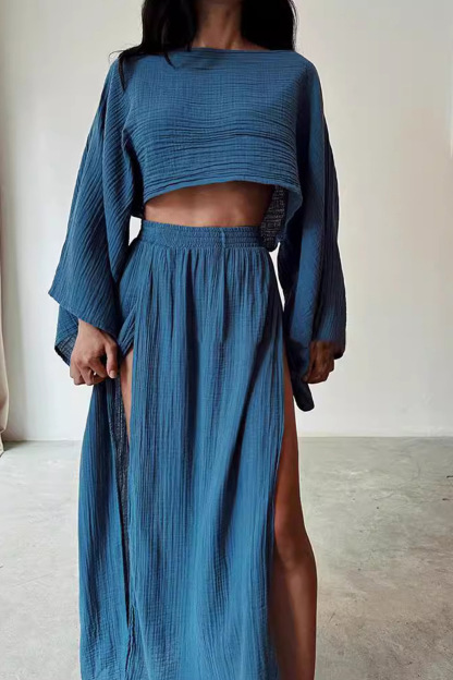 Flare Sleeve Crop Top Slit Skirt Cover-up Set
