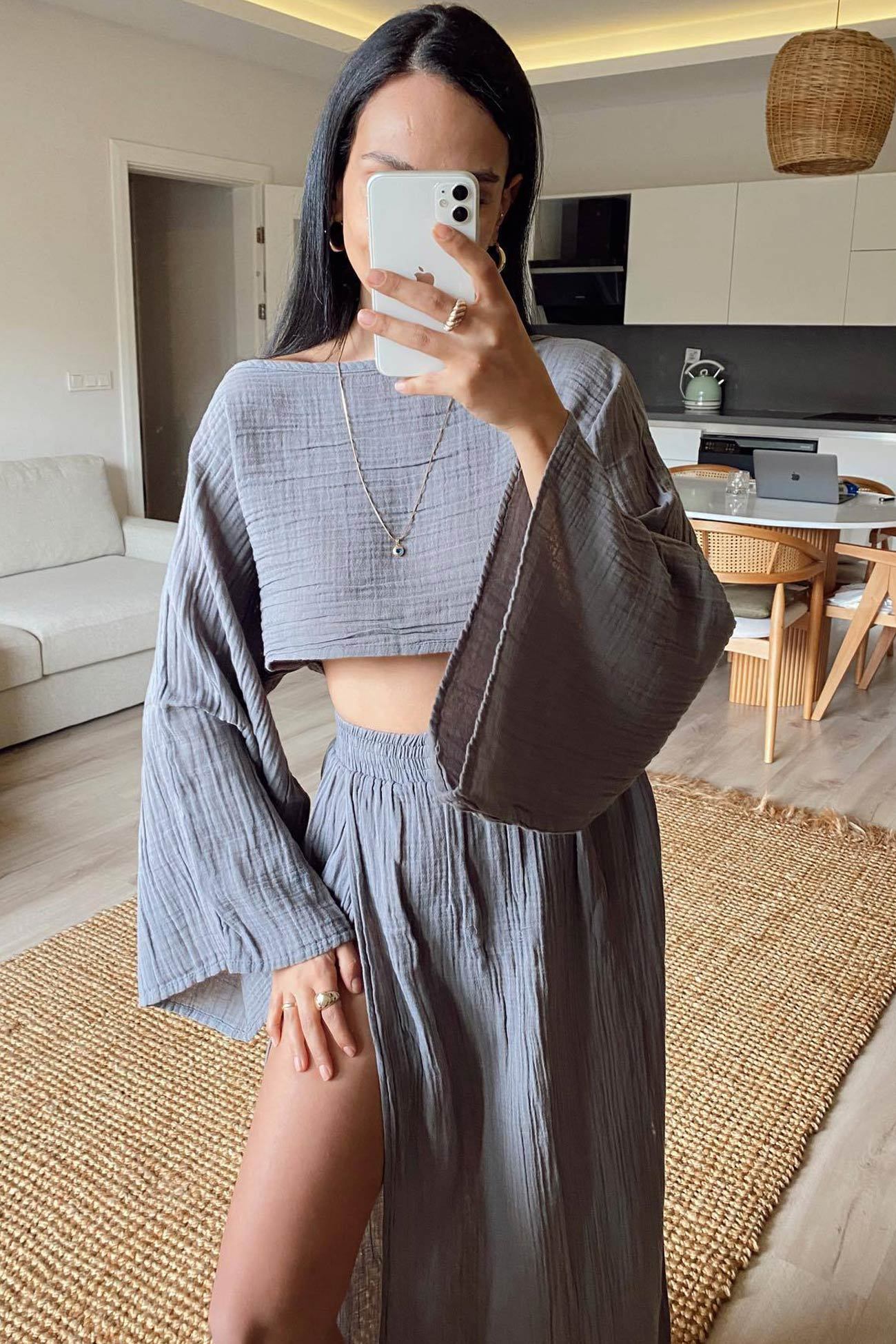 Flare Sleeve Crop Top Slit Skirt Cover-up Set