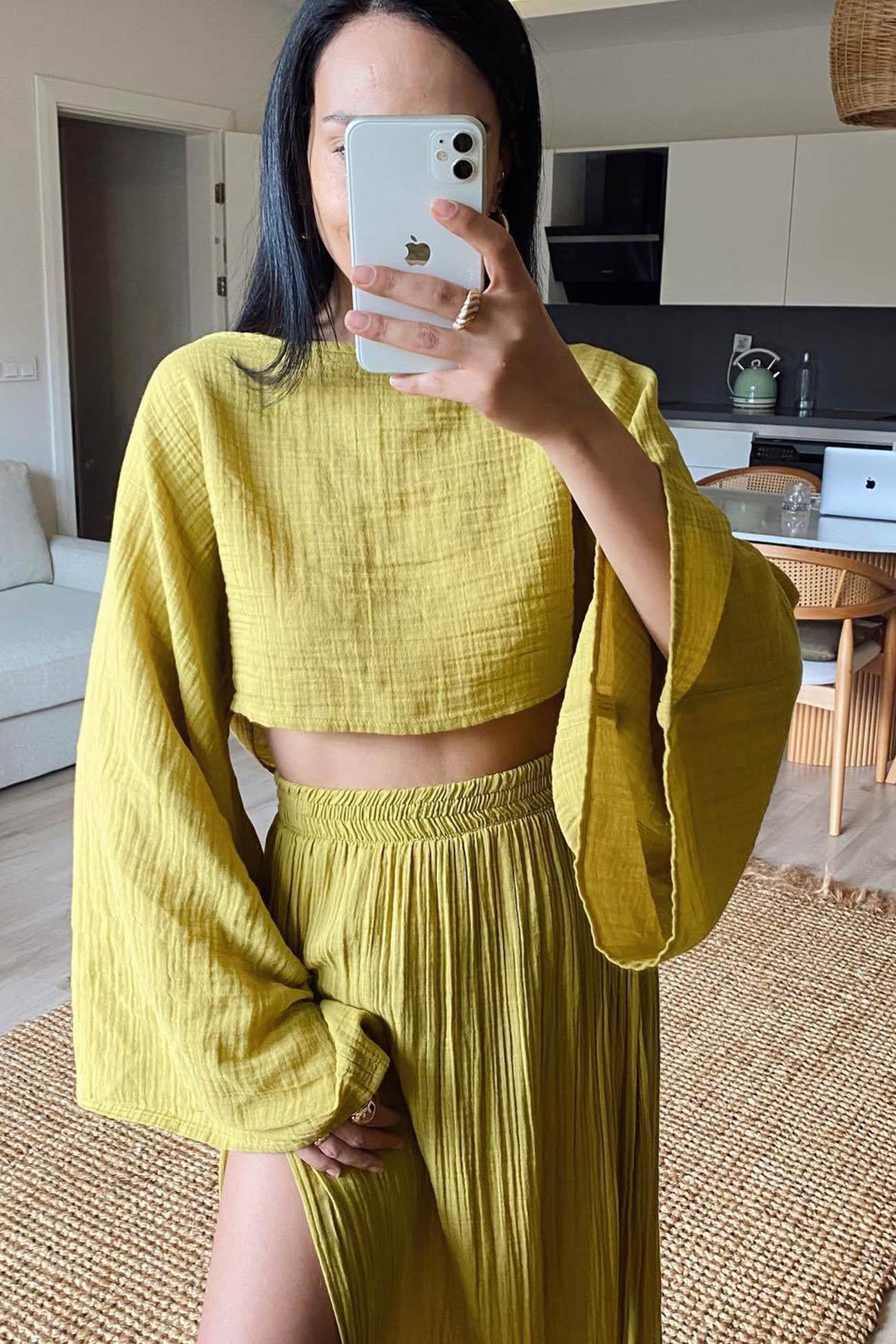 Flare Sleeve Crop Top Slit Skirt Cover-up Set
