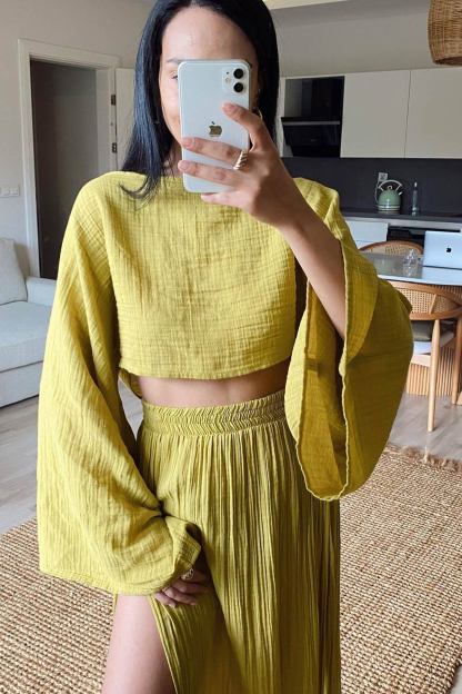 Flare Sleeve Crop Top Slit Skirt Cover-up Set