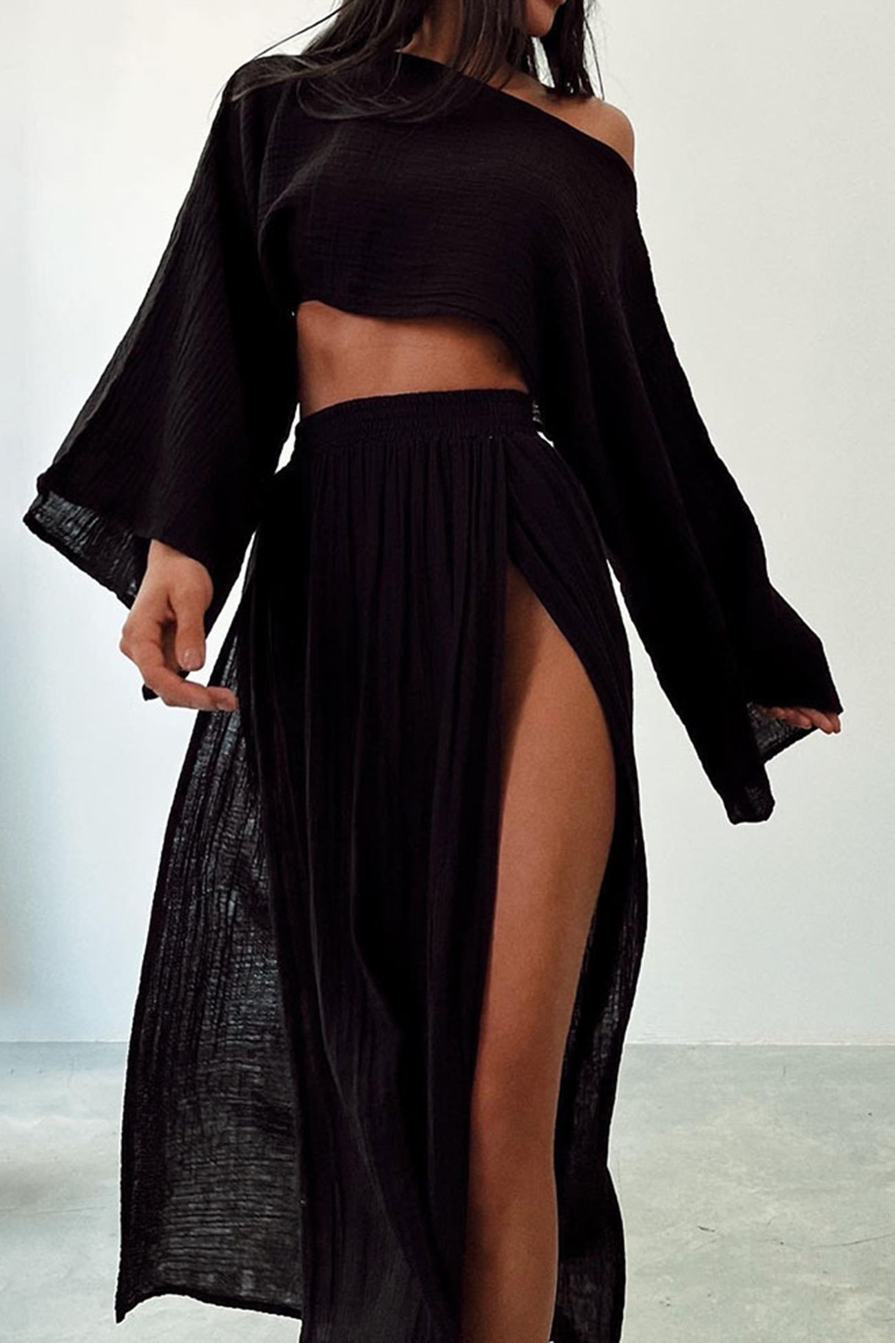 Flare Sleeve Crop Top Slit Skirt Cover-up Set