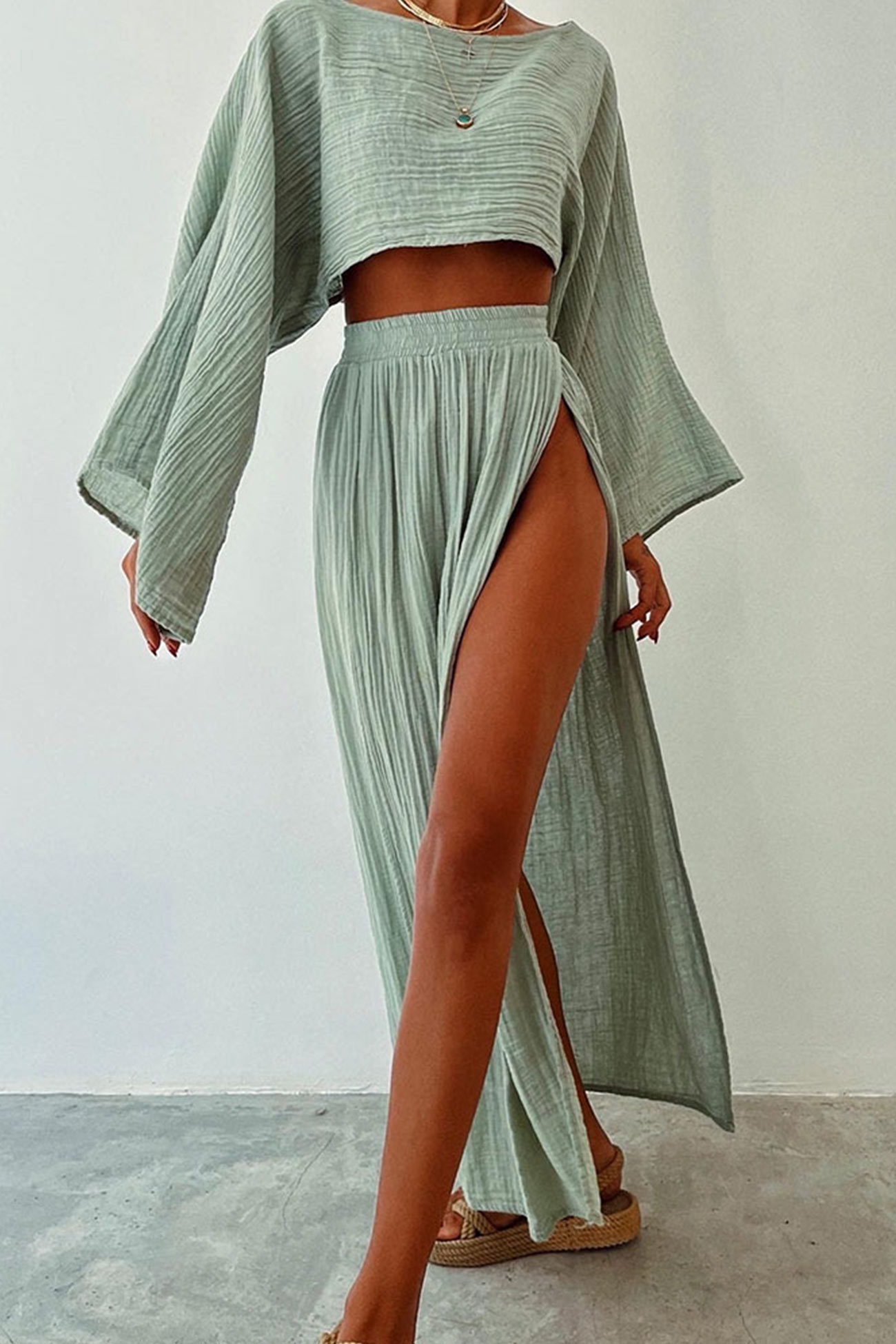 Flare Sleeve Crop Top Slit Skirt Cover-up Set