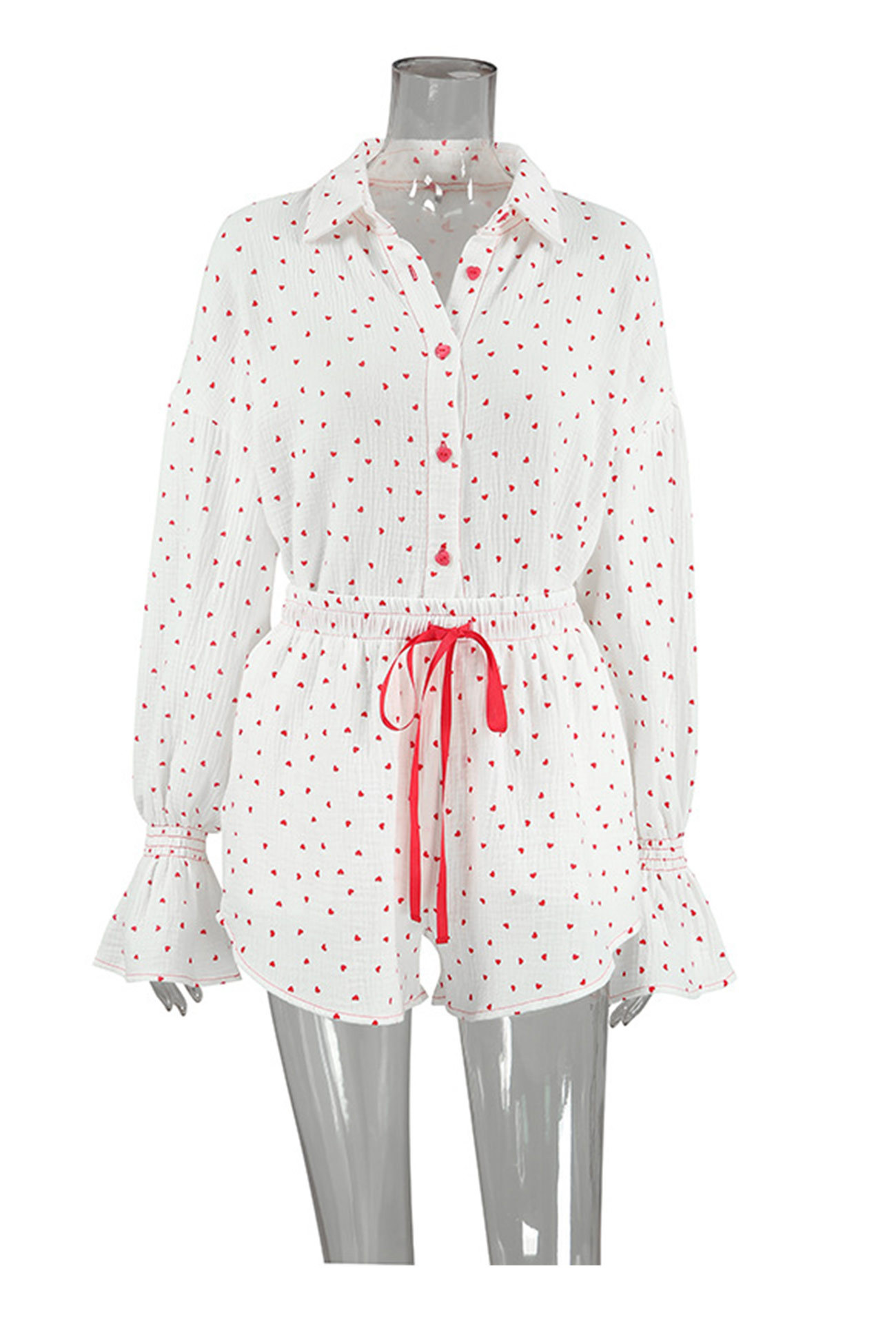 Flare Sleeve Heart Print Bow Tie Cotton Three-piece Set