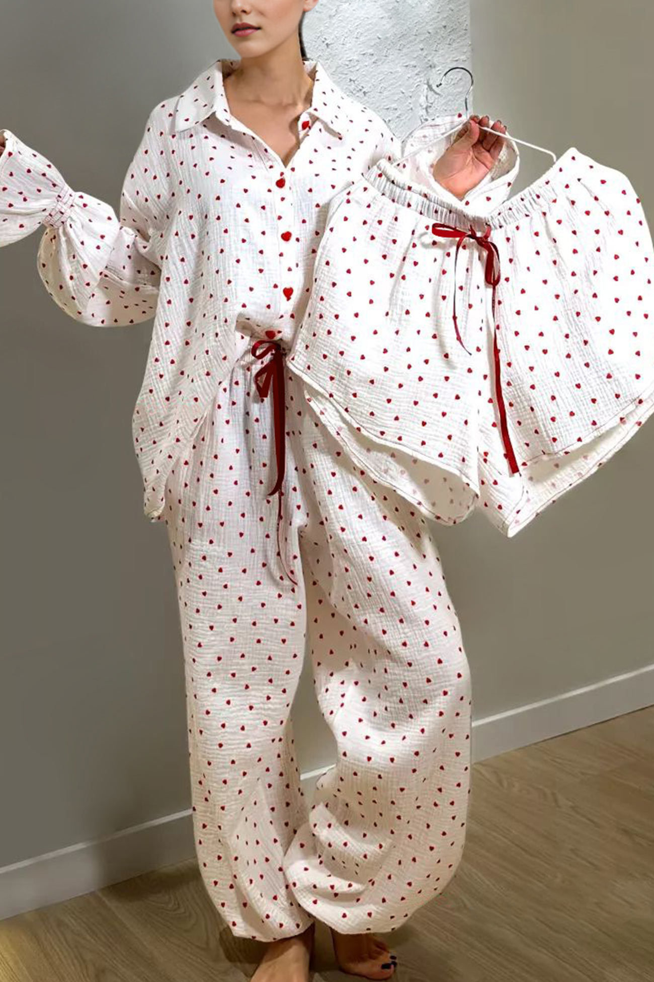 Flare Sleeve Heart Print Bow Tie Cotton Three-piece Set