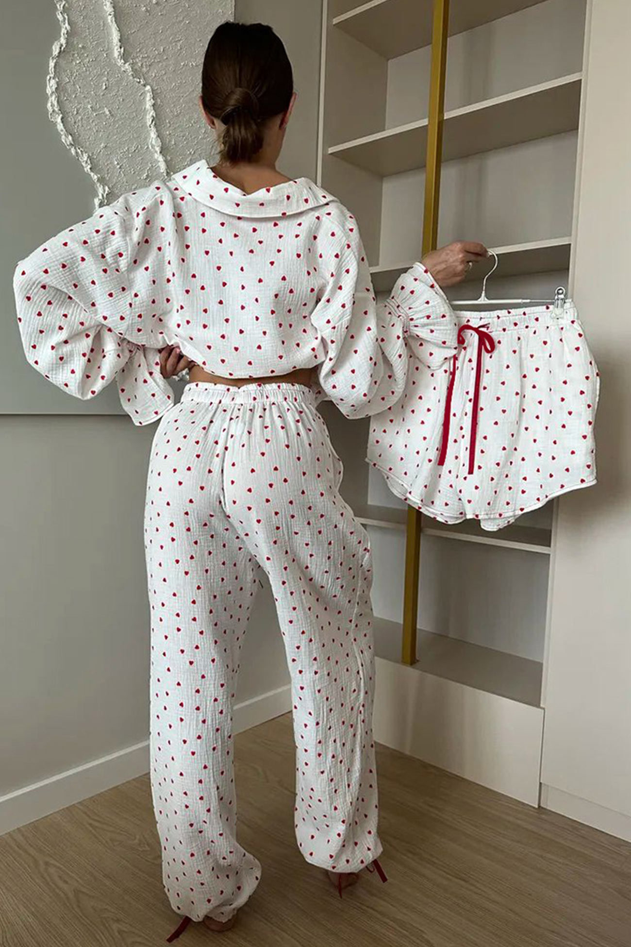 Flare Sleeve Heart Print Bow Tie Cotton Three-piece Set