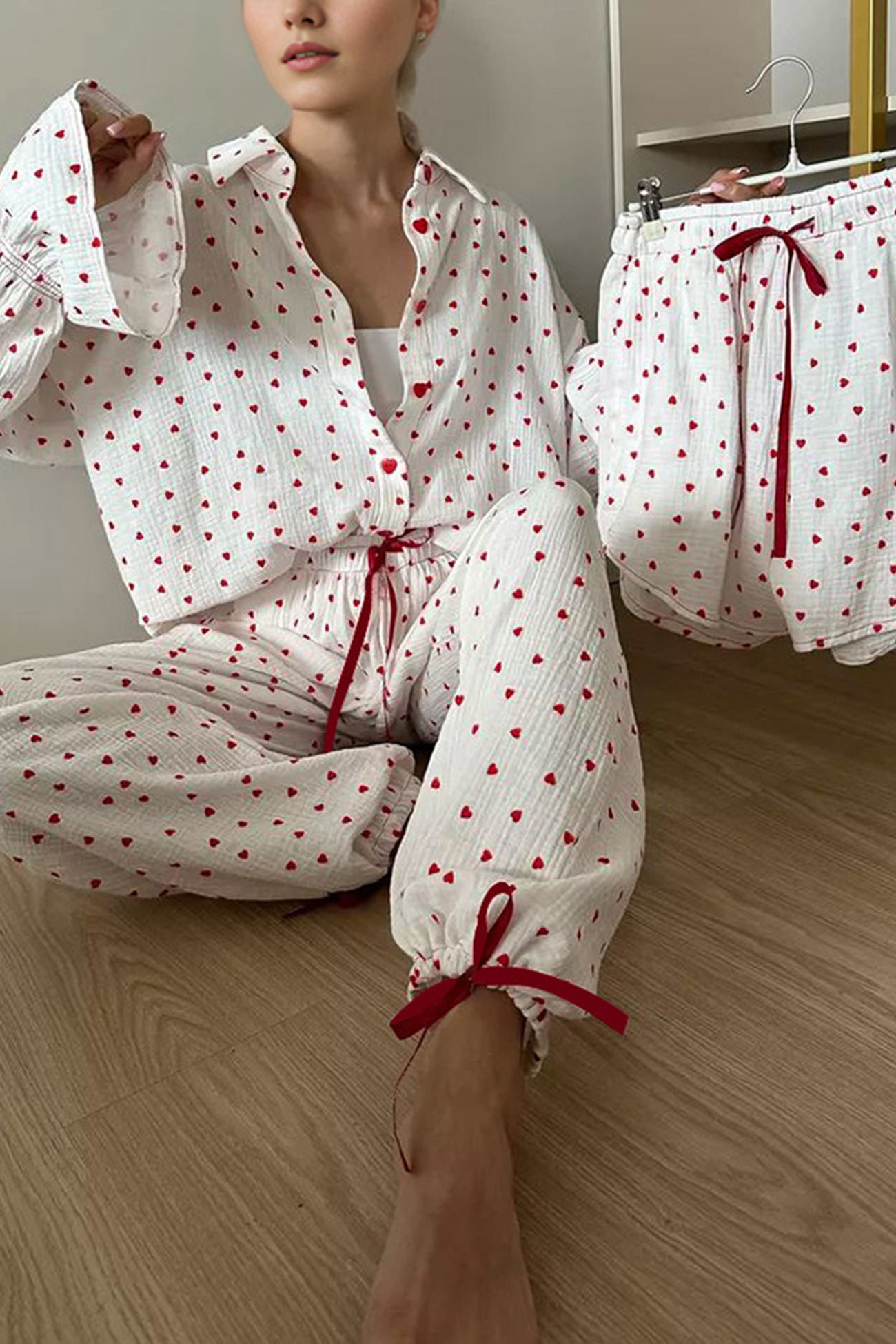 Flare Sleeve Heart Print Bow Tie Cotton Three-piece Set