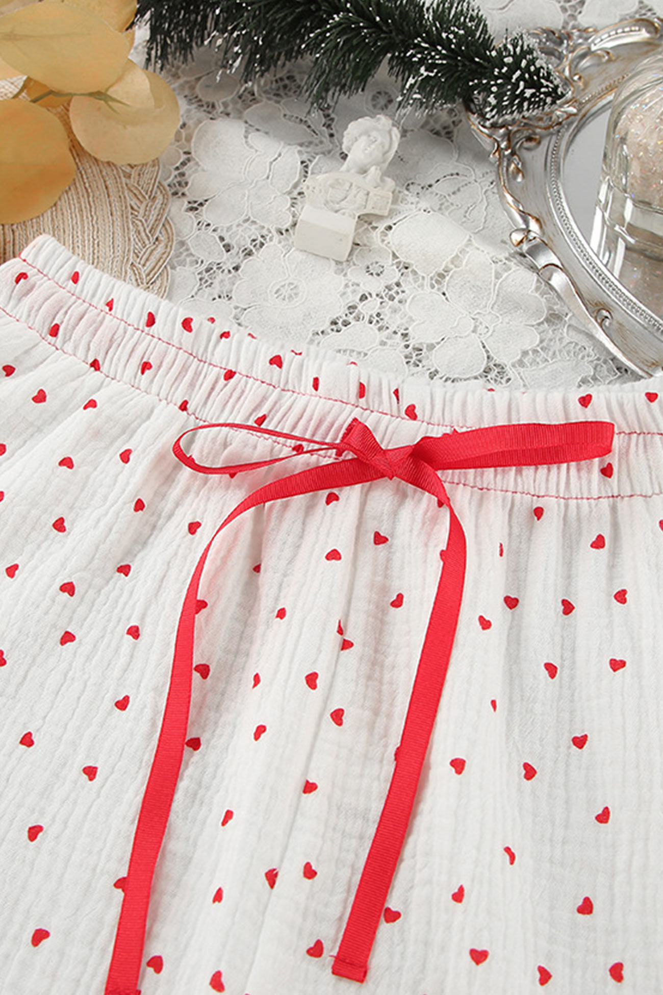 Flare Sleeve Heart Print Bow Tie Cotton Three-piece Set