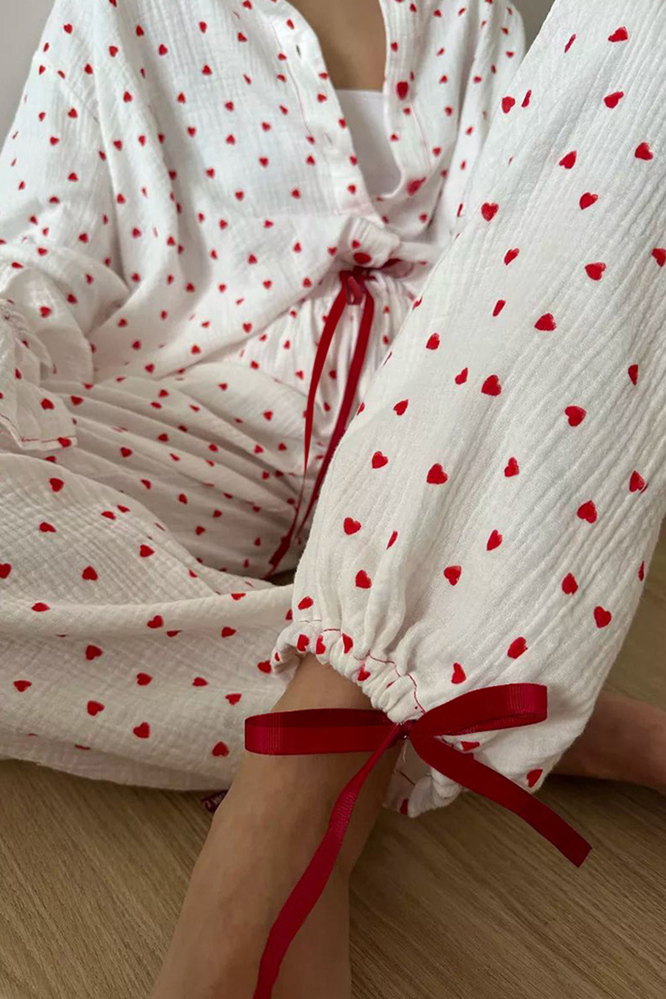 Flare Sleeve Heart Print Bow Tie Cotton Three-piece Set
