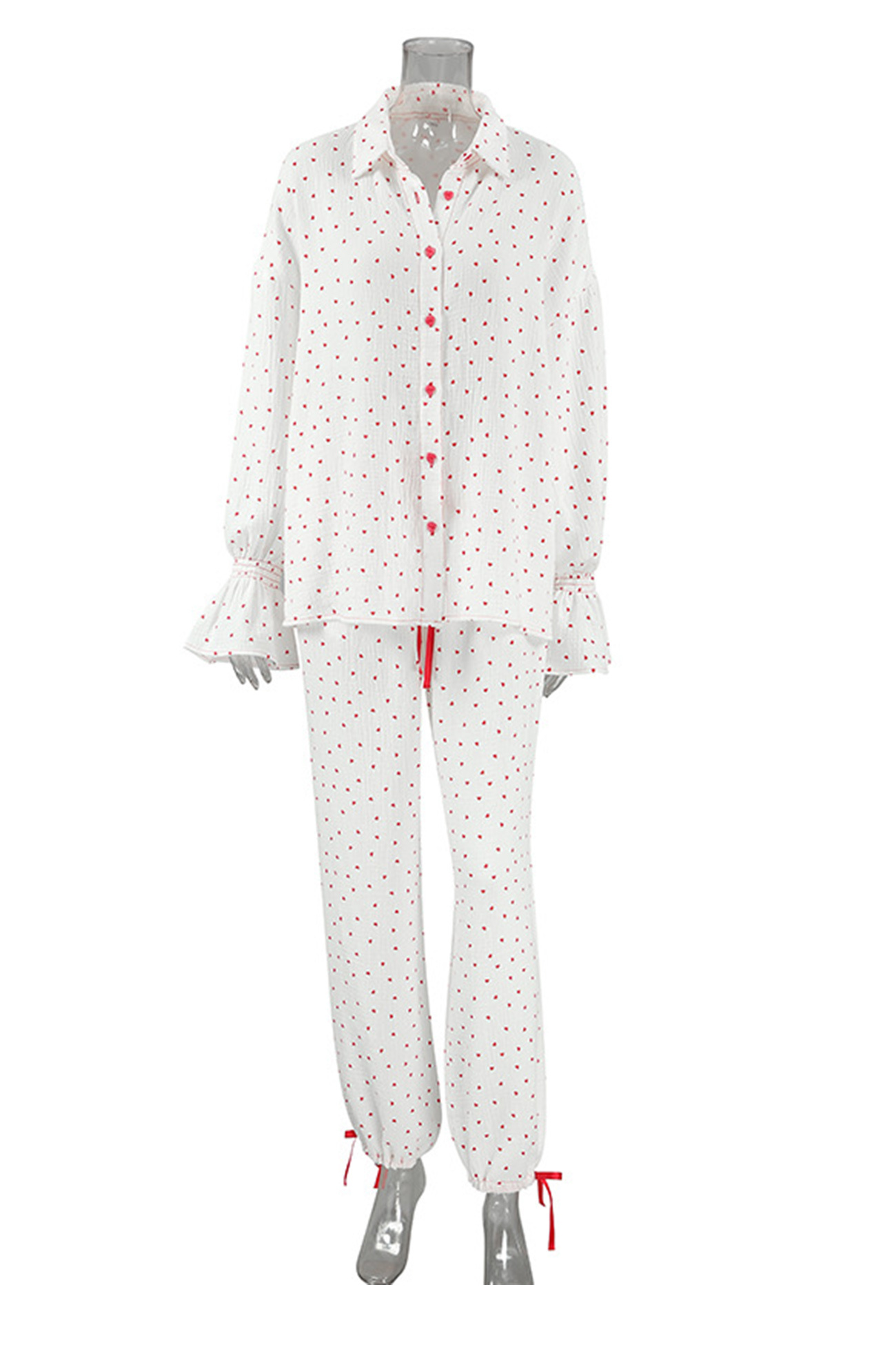 Flare Sleeve Heart Print Bow Tie Cotton Three-piece Set