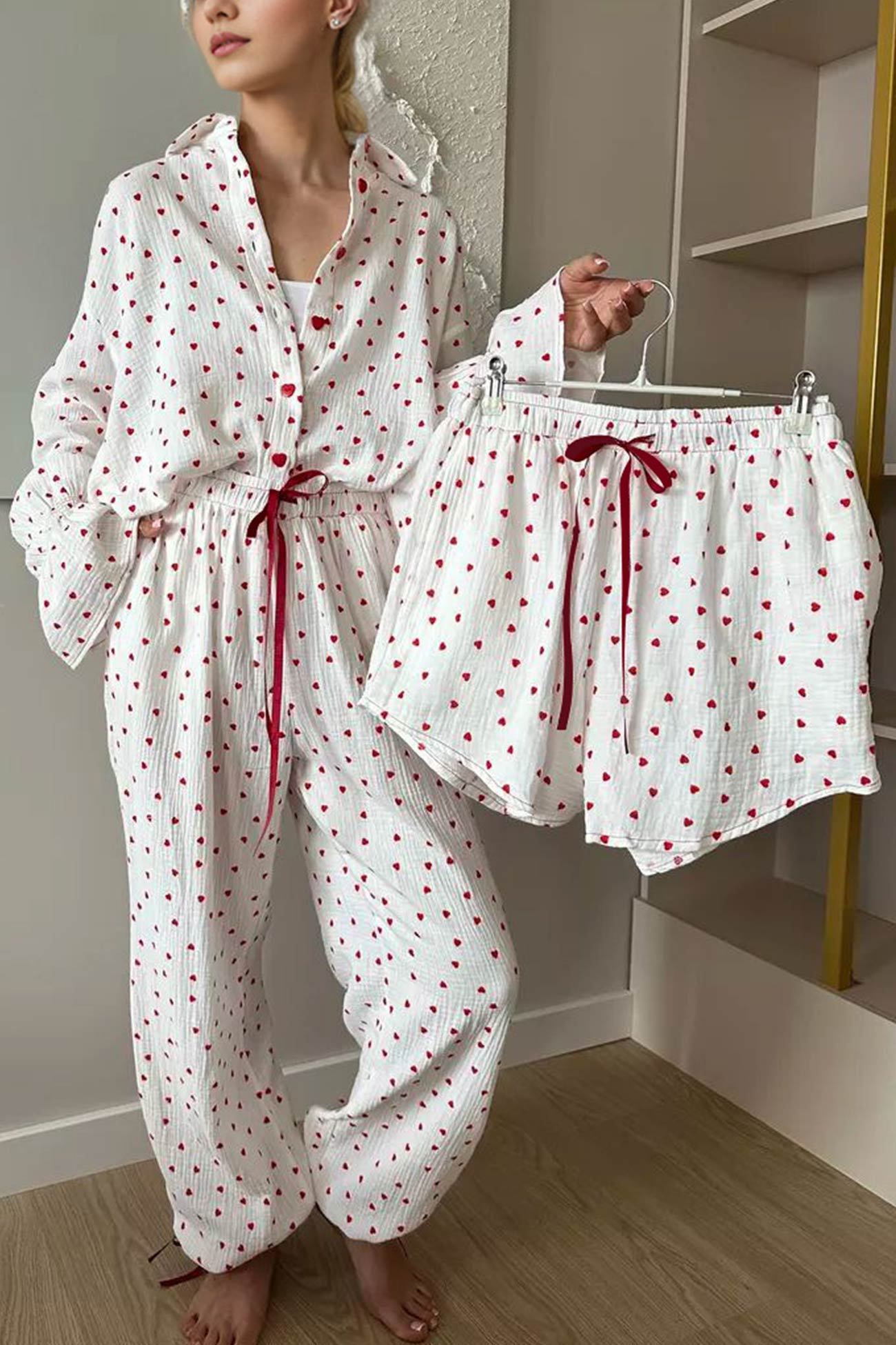 Flare Sleeve Heart Print Bow Tie Cotton Three-piece Set