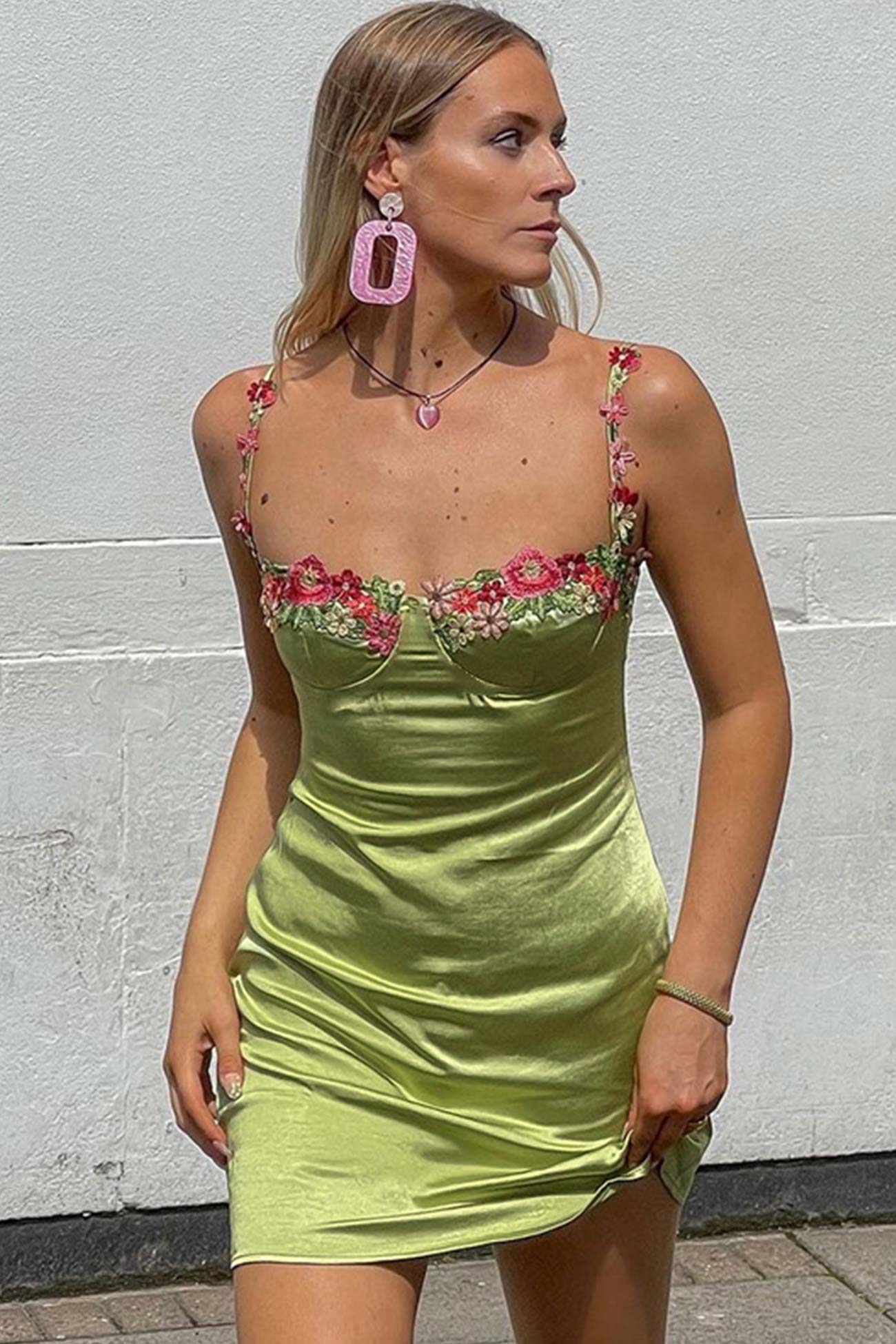 Floral Embroidery Solid Color Cami Dress – arolora Floral Embroidery Solid Color Cami Dress – arolora