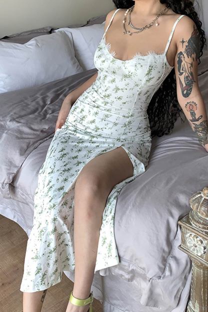 Floral Print Lace Split Cami Dress